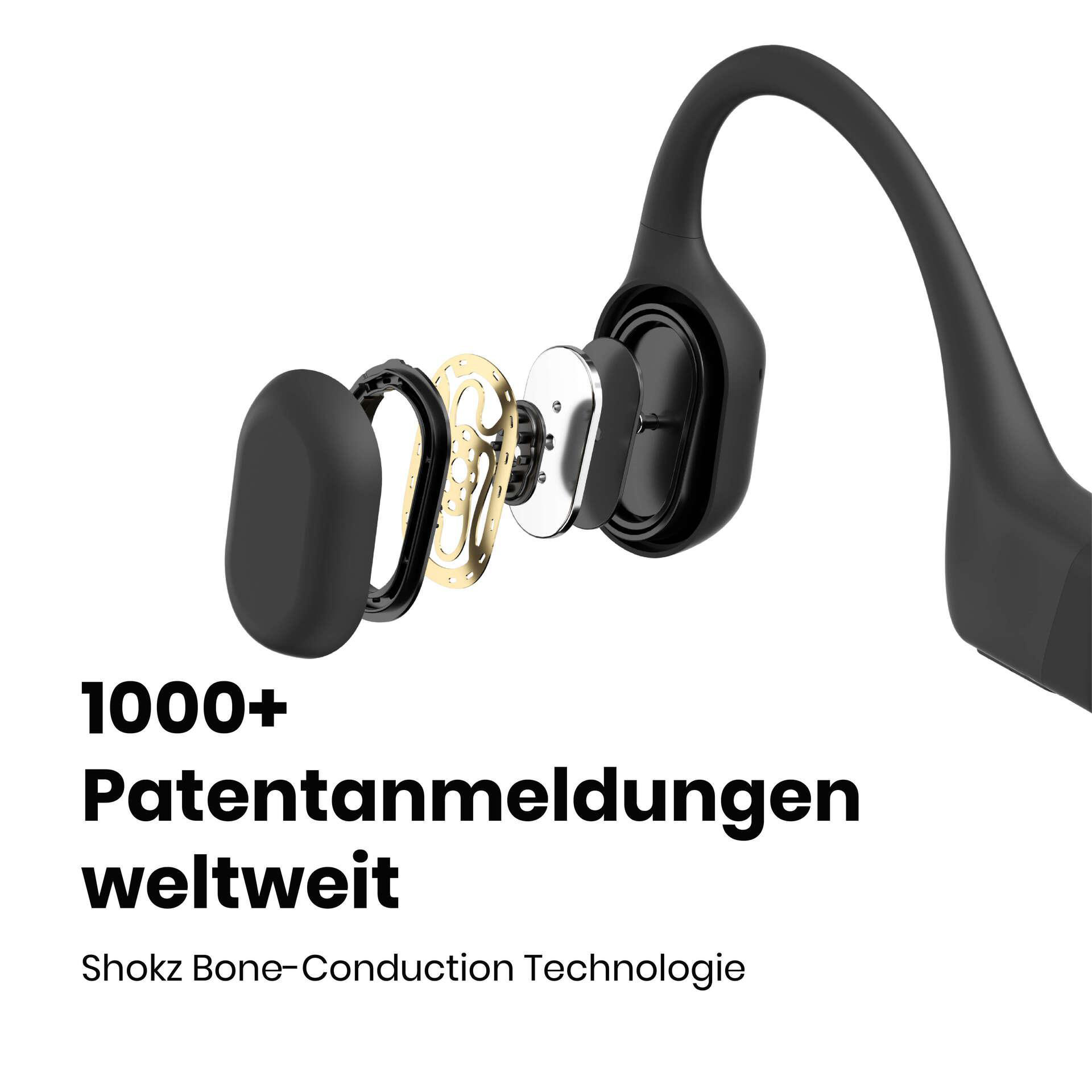 Schwarze Knochenschallkopfhörer mit gezeigten Innenkomponenten. Text: 1000+ Patentanmeldungen weltweit. Shokz Knochenleitungstechnologie.