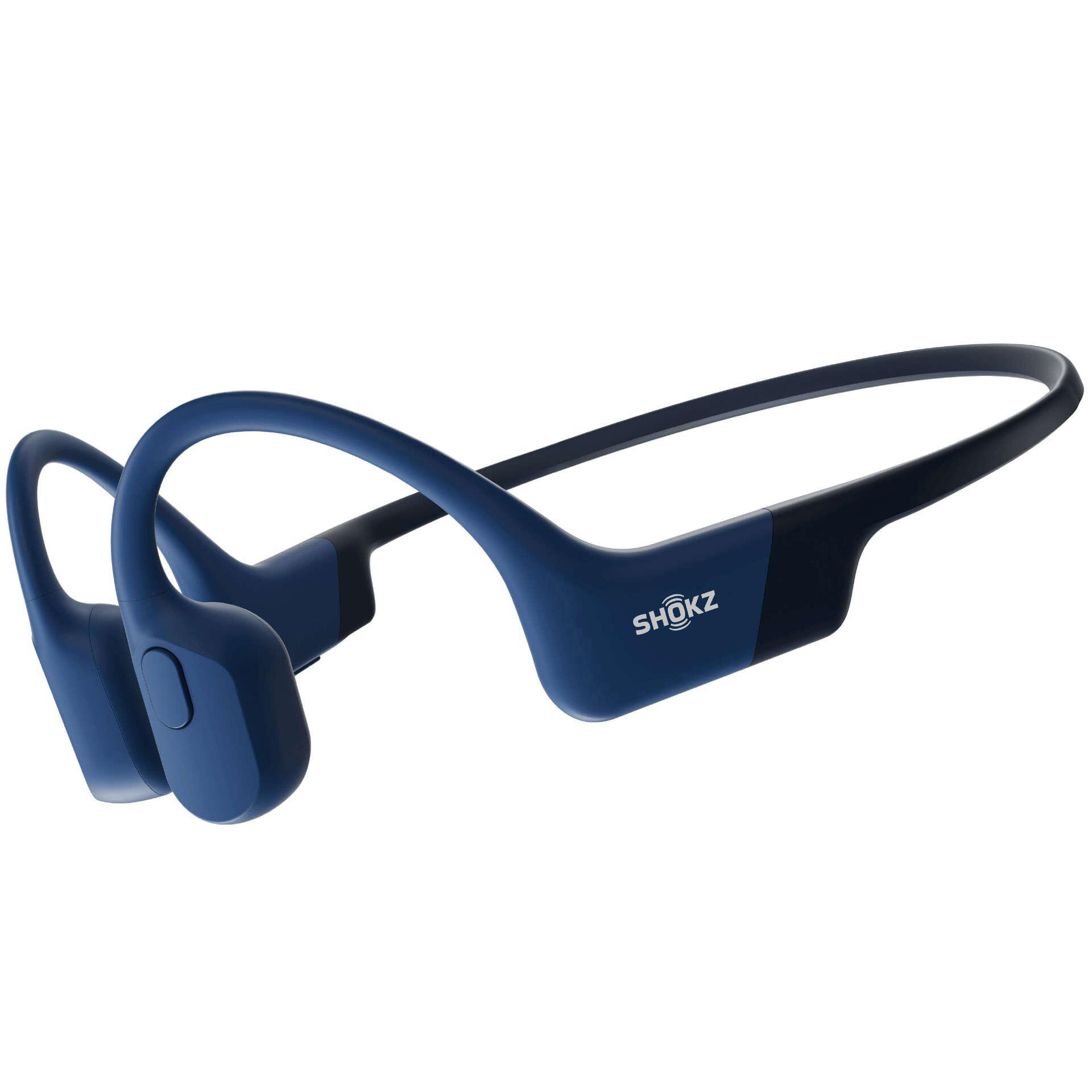 Blaue Knochenschallkopfhörer. Der Markenname SHOKZ ist sichtbar.