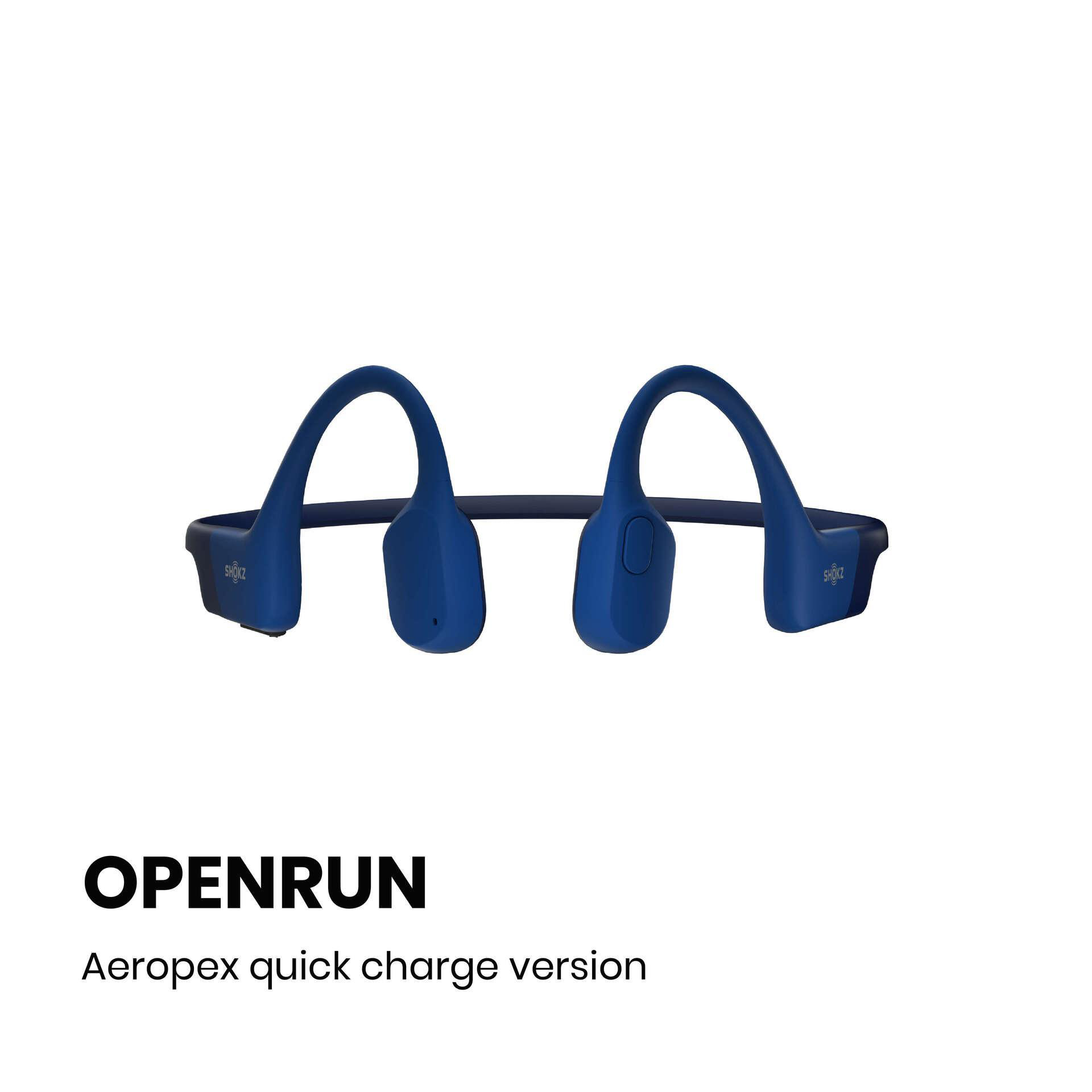 Blaue OpenRun-Kopfhörer. Produktname und 'Aeropex quick charge version' unter den Kopfhörern.