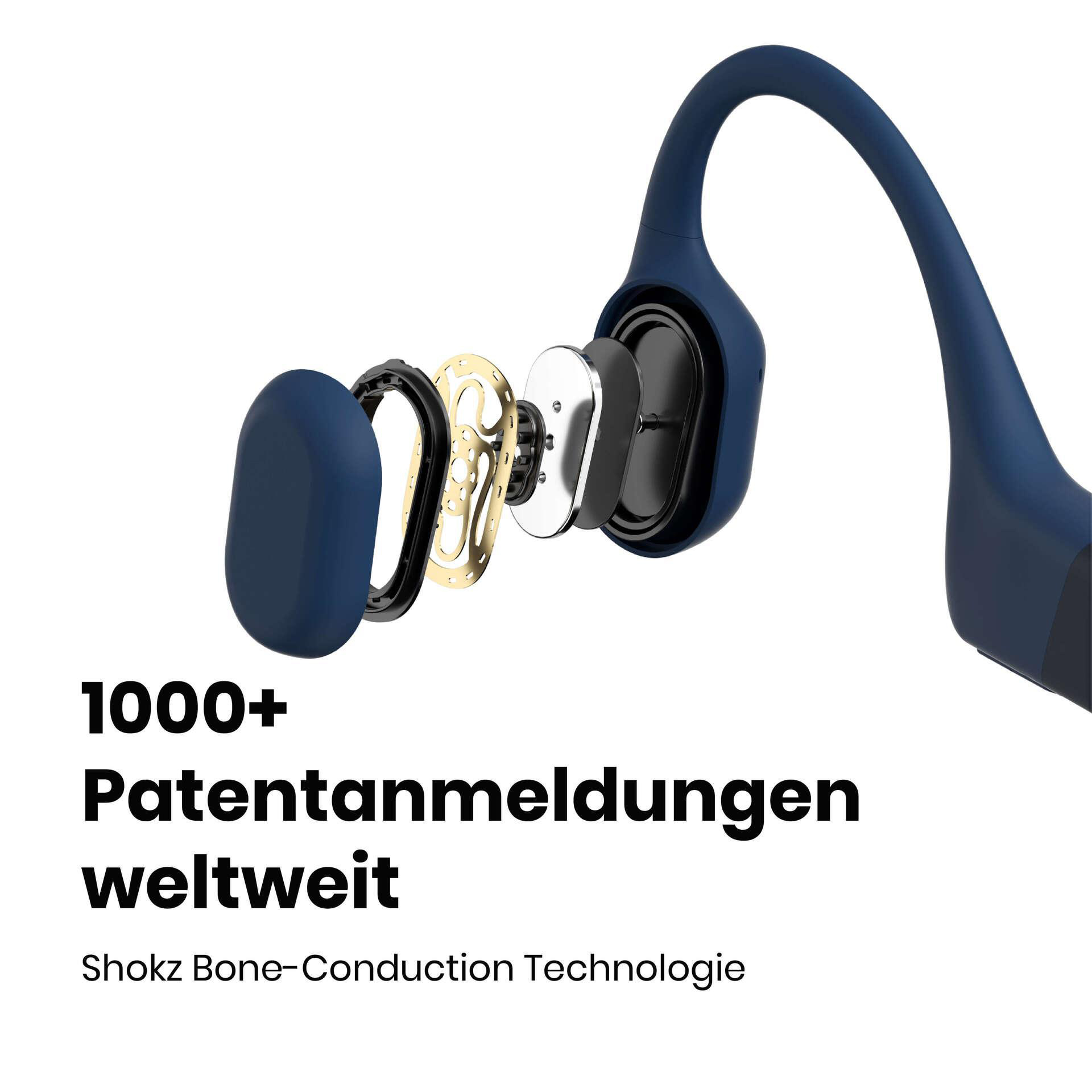Blaue Knochenschallkopfhörer, Explosionszeichnung. Text: '1000+ Patentanmeldungen weltweit' und 'Shokz Bone-Conduction Technologie'.