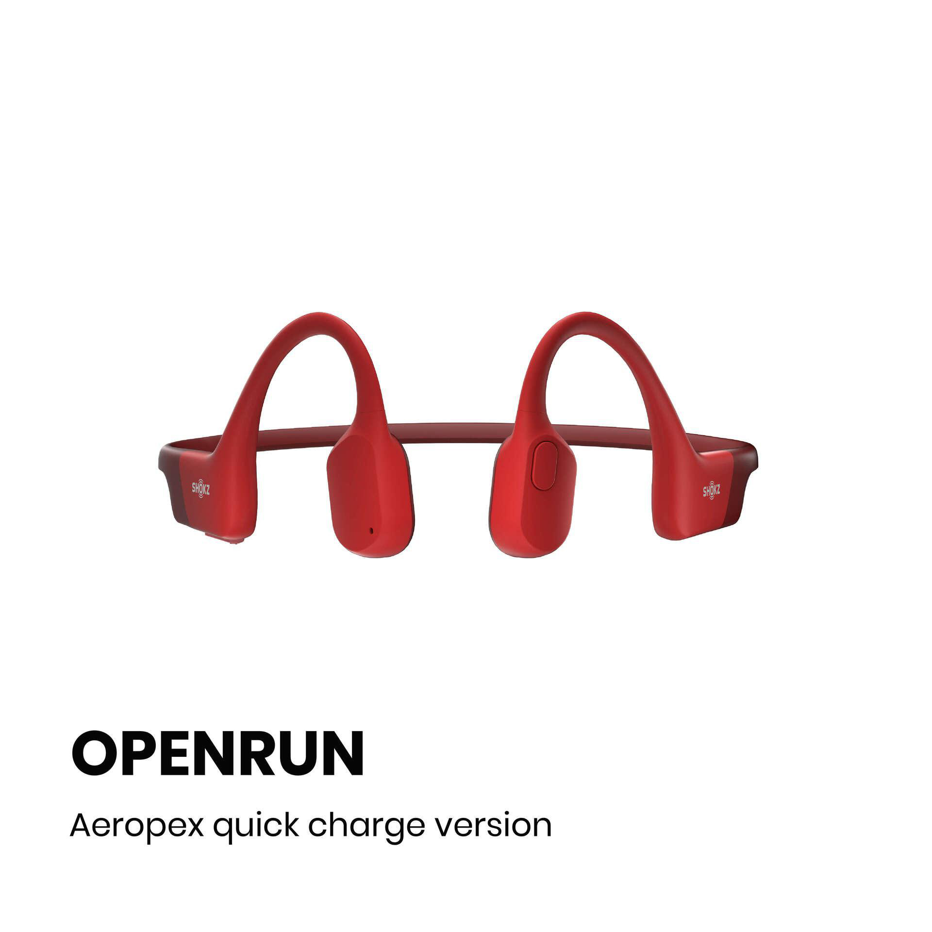 Rote OpenRun-Kopfhörer. Sie haben ein Nackenband und umschließen die Ohren. Der Text 'OPENRUN' wird ebenfalls angezeigt.