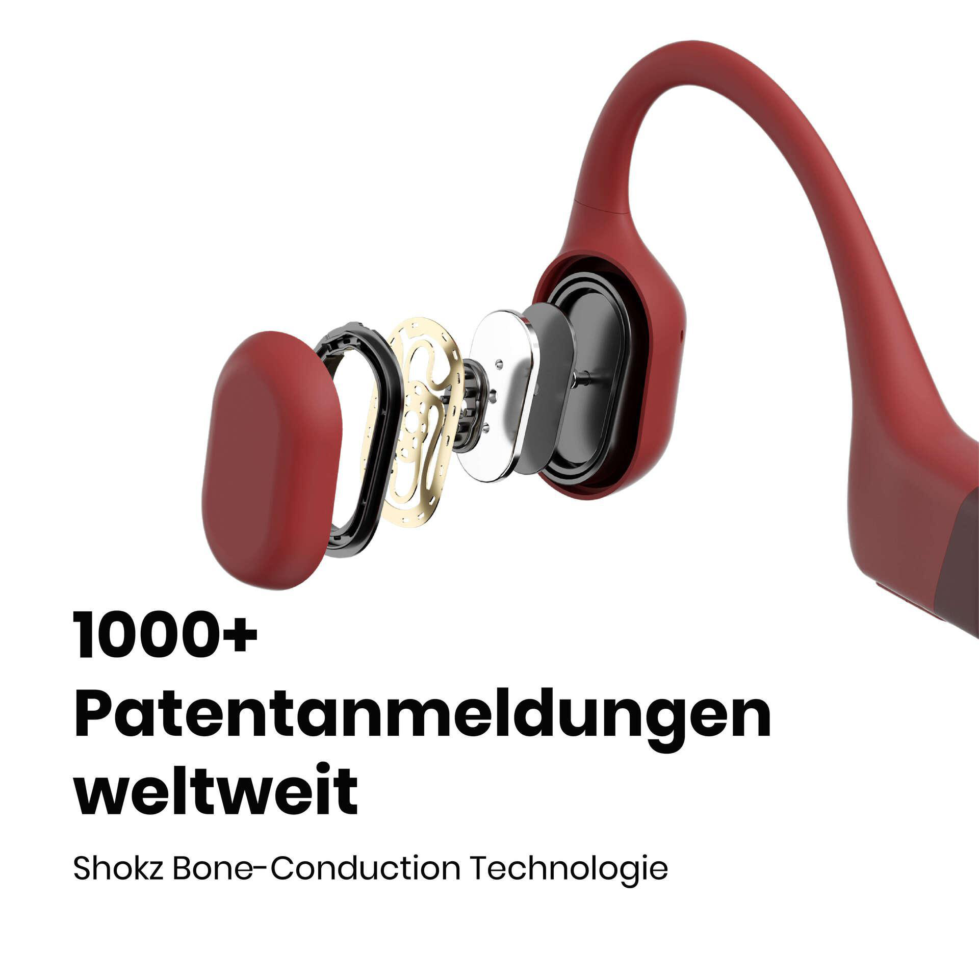 Explosionszeichnung roter Knochenschallkopfhörer. Text: '1000+ Patentanmeldungen weltweit', 'Shokz Bone-Conduction Technologie'.