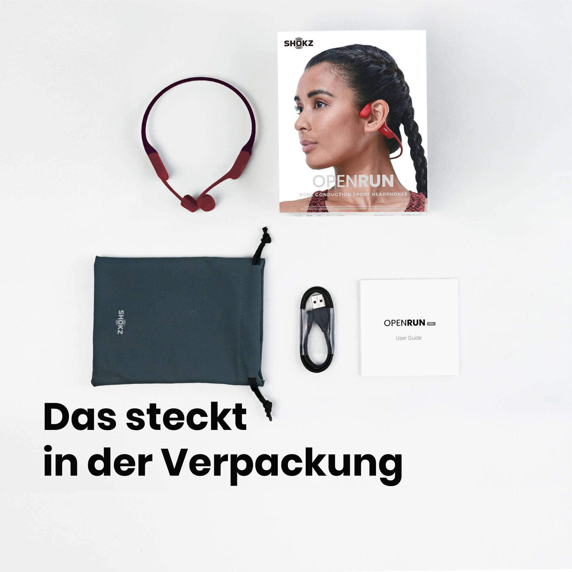 Das Bild zeigt Shokz OpenRun-Kopfhörer, Schachtel, Beutel, Kabel und Handbuch. Text lautet 'Das steckt in der Verpackung'.