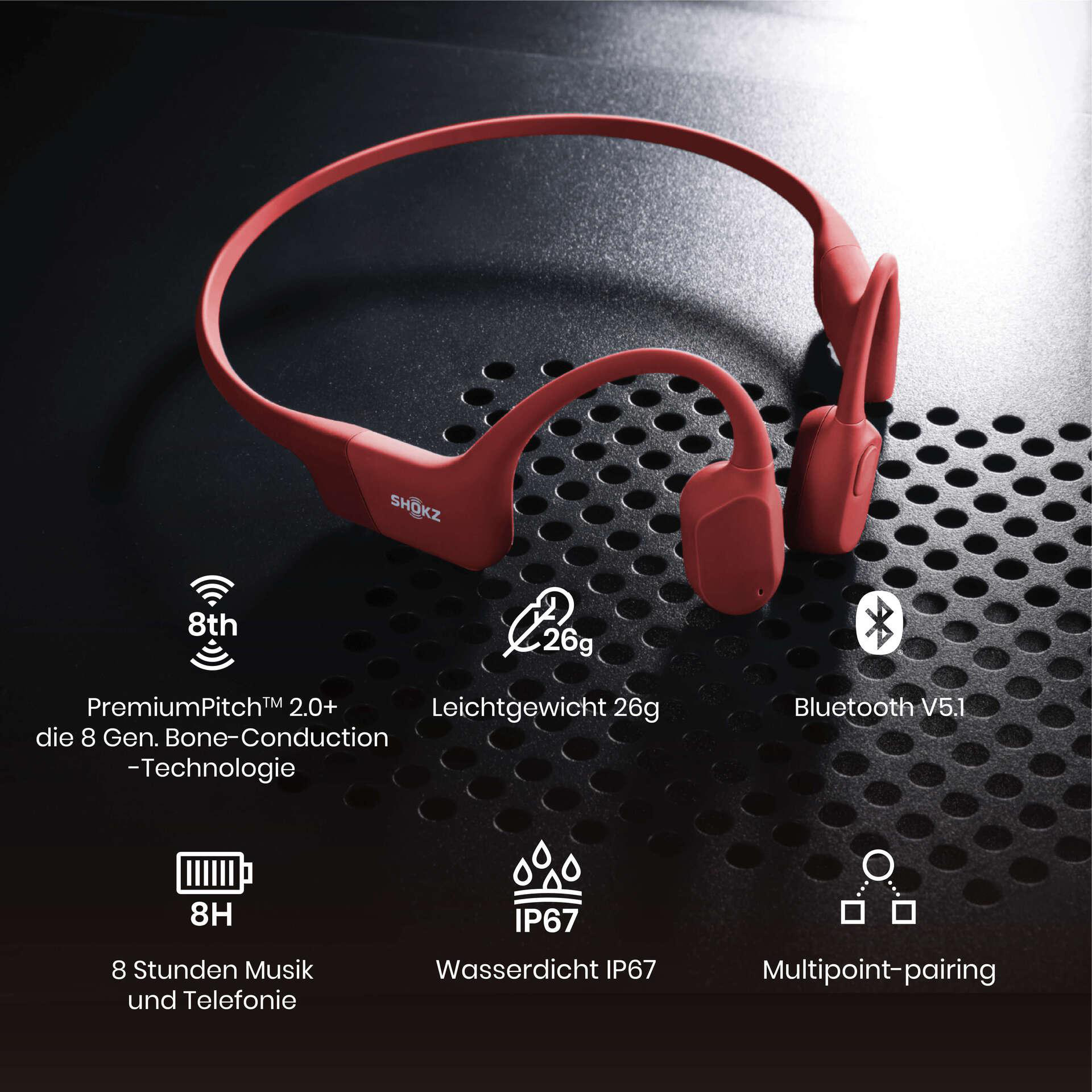 Rote Knochenschallkopfhörer auf schwarzer Textur. Merkmale: Bluetooth, 8H Akku, IP67 wasserdicht.