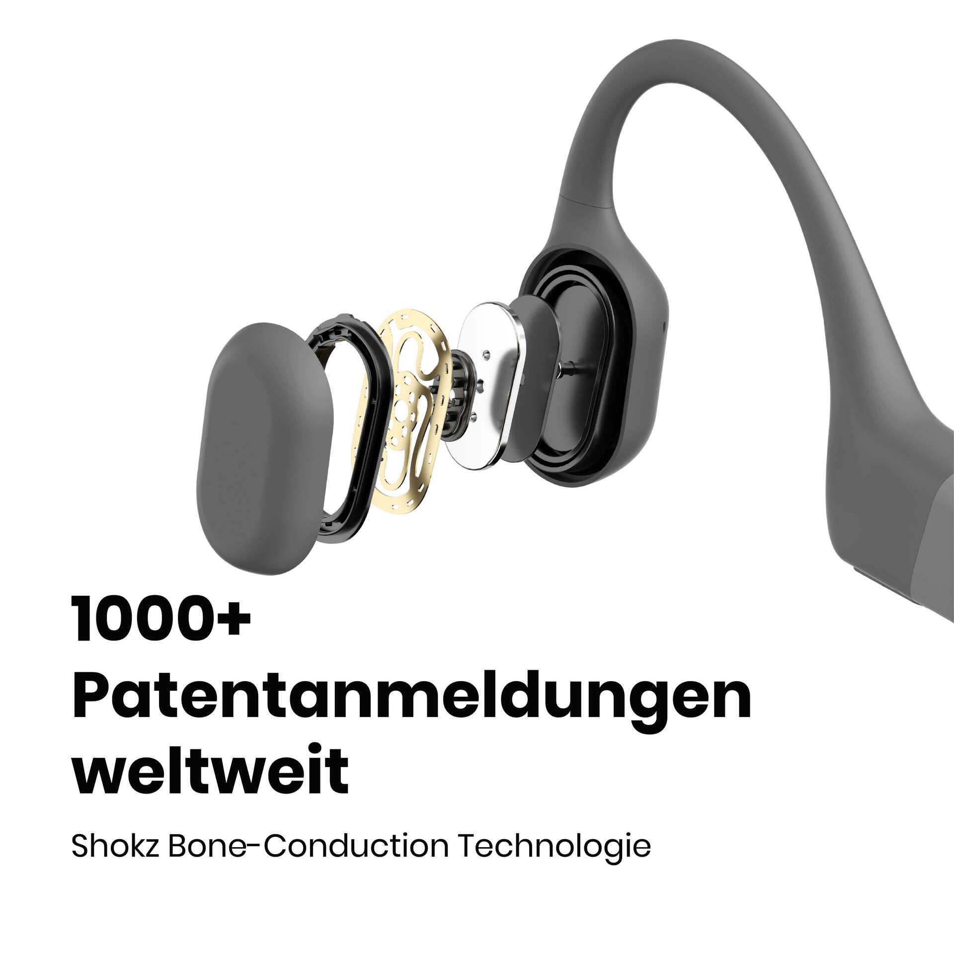 Das Bild zeigt zerlegte Knochenschallkopfhörer mit Text: 1000+ Patentanmeldungen weltweit.