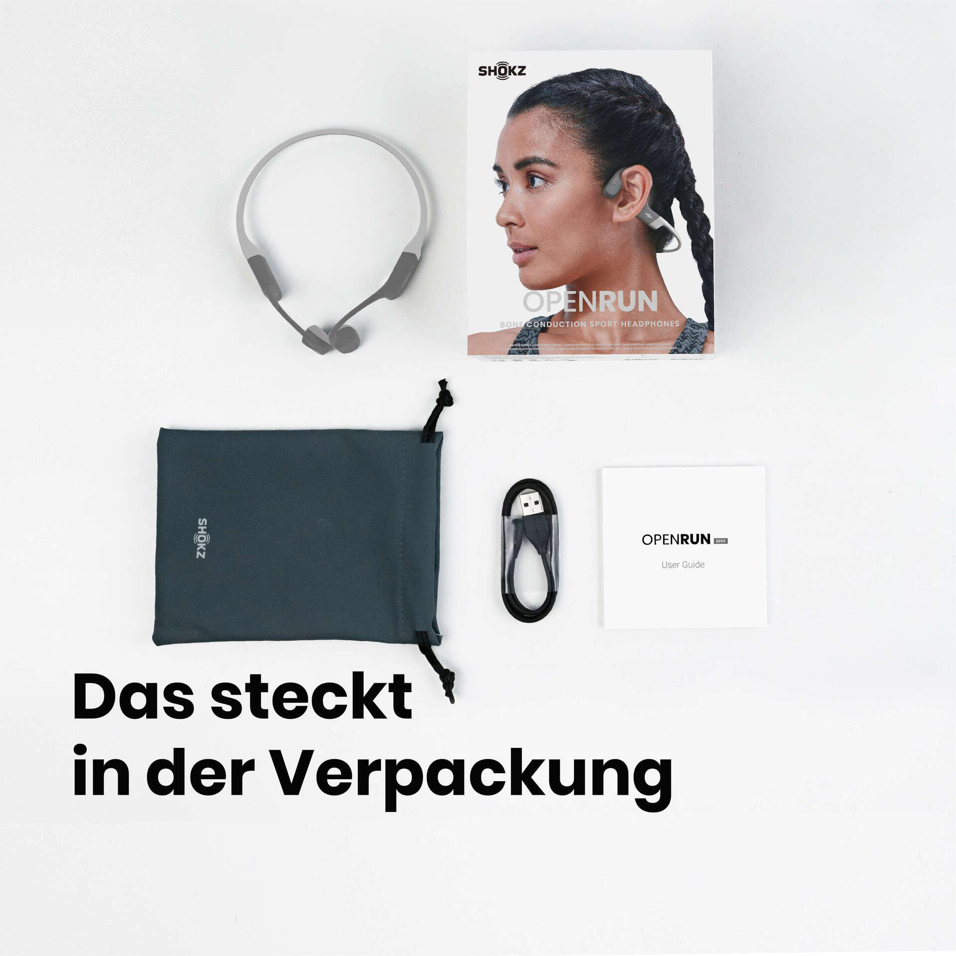 OpenRun Knochenschall-Kopfhörer, Box, Tragetasche, Kabel und Benutzerhandbuch auf weißer Oberfläche. Das steckt in der Verpackung.