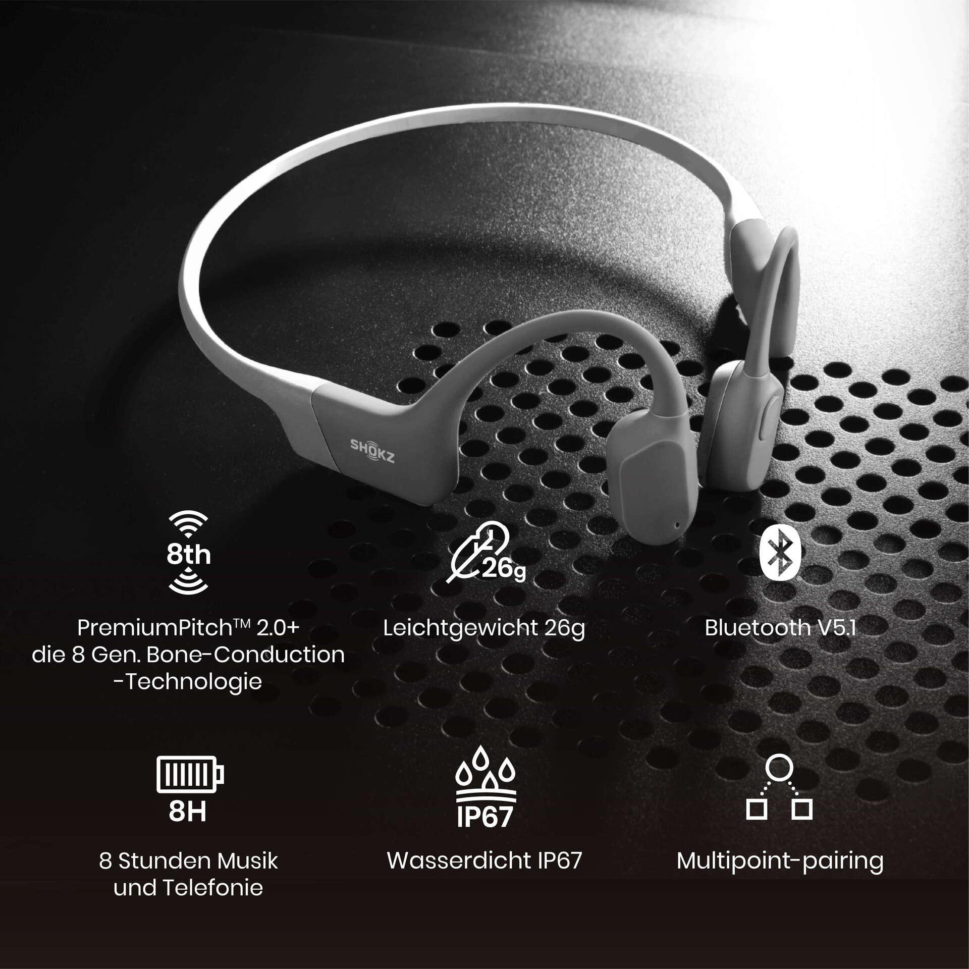 Graue Knochenschallkopfhörer auf einer strukturierten schwarzen Oberfläche, mit Symbolen für Funktionen wie Bluetooth und Akkulaufzeit.