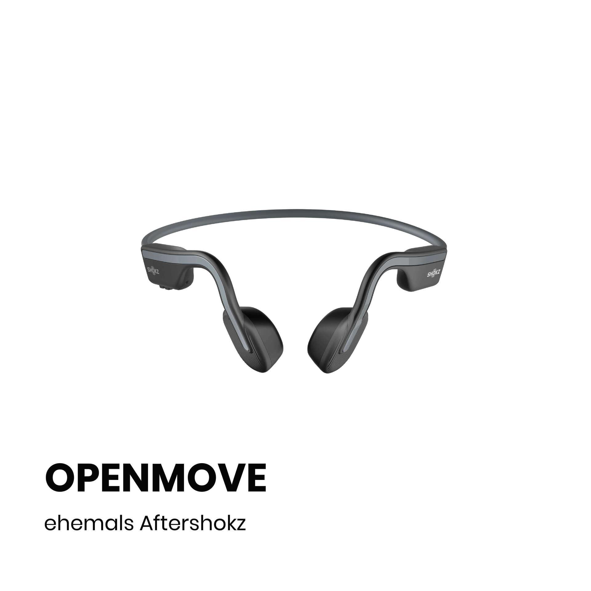 OpenMove-Knochenschallkopfhörer auf Weiß. Schwarze Kopfhörer mit grauen Akzenten und der Markenname darunter.