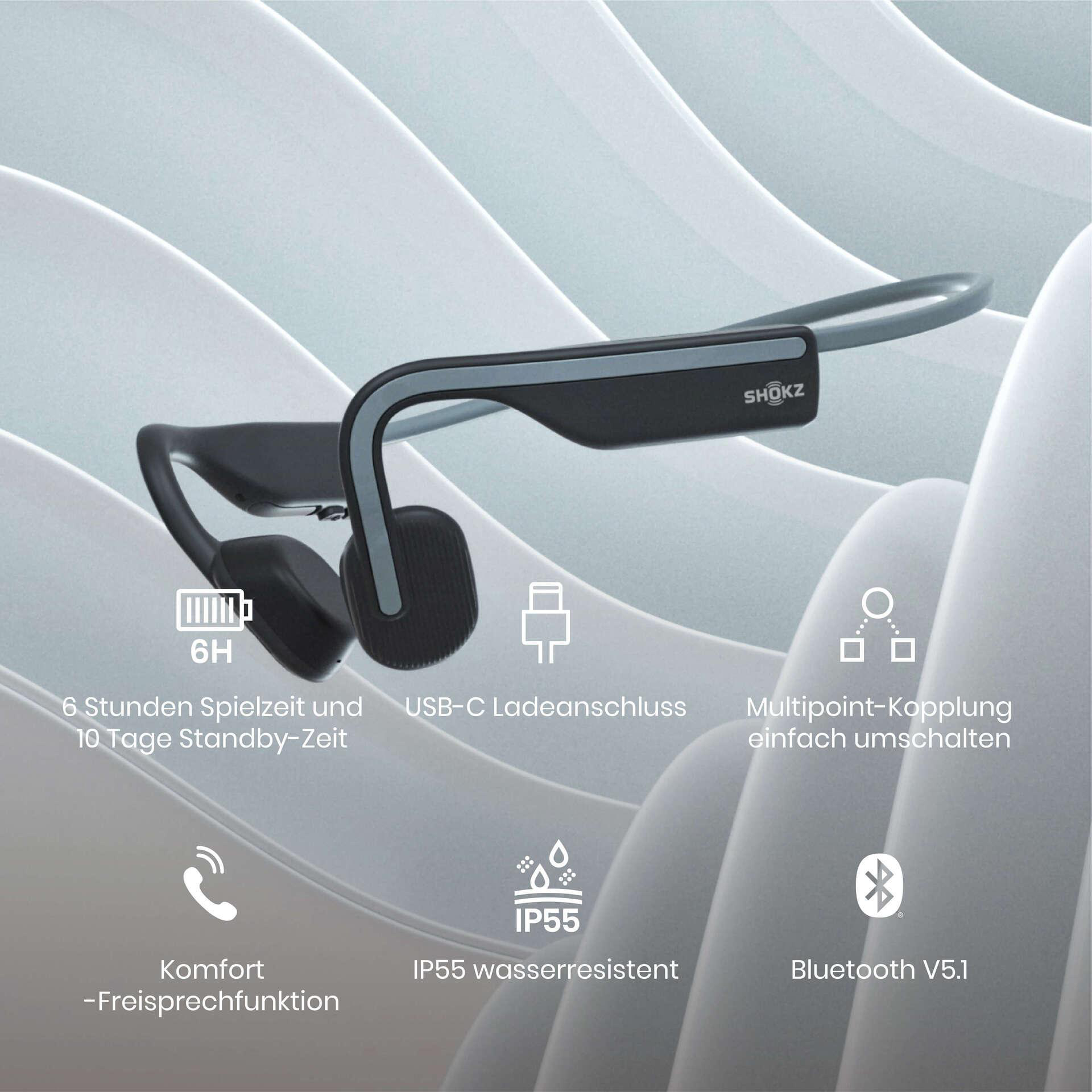 Schwarze und graue Shokz-Knochenschallkopfhörer mit Funktionen wie 6h Akku, IP55-Wasserbeständigkeit und Bluetooth V5.1.