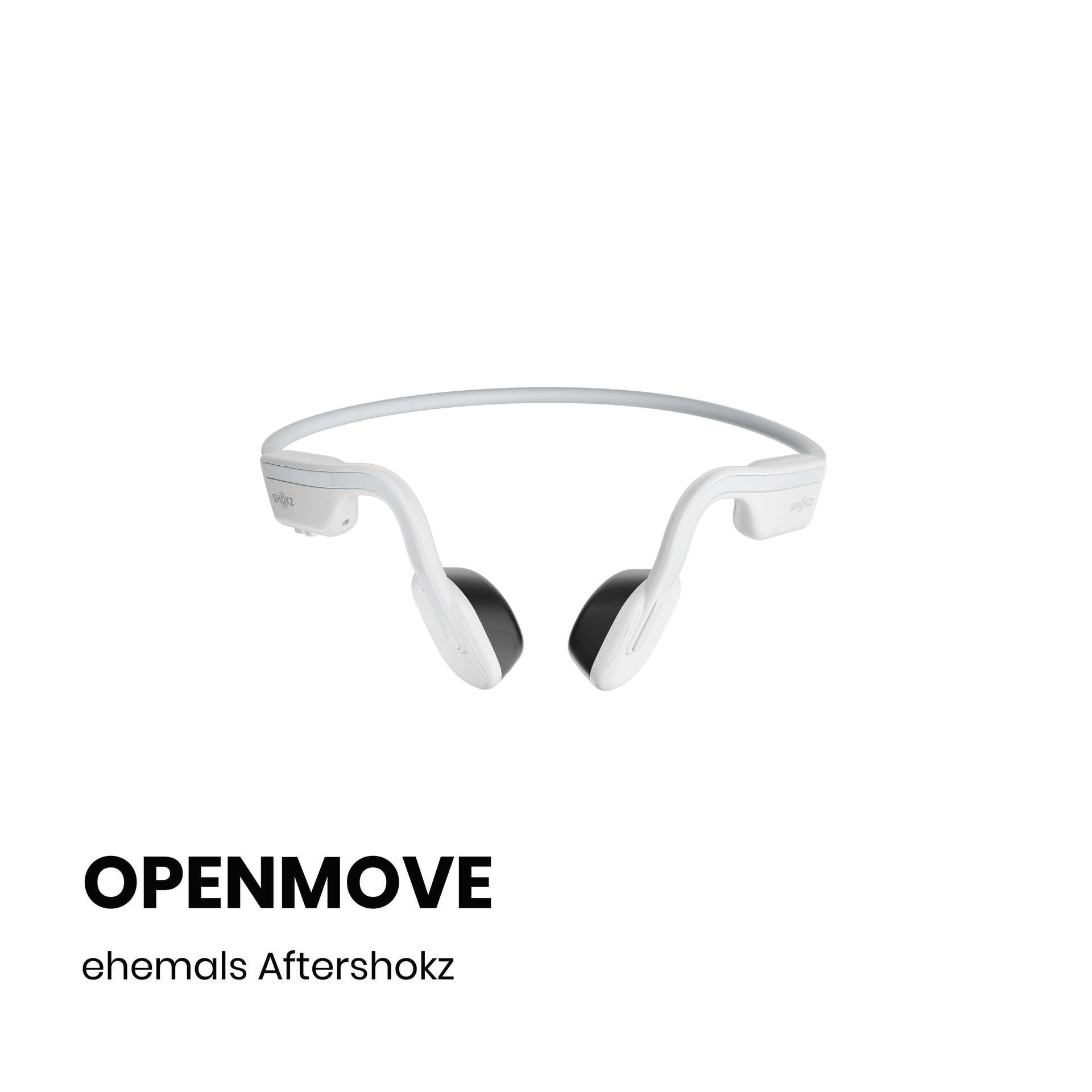 Weiße und graue OpenMove-Kopfhörer. Schwarze Ohrstücke. Der Text 'OPENMOVE' und 'ehemals Aftershokz' steht unten.