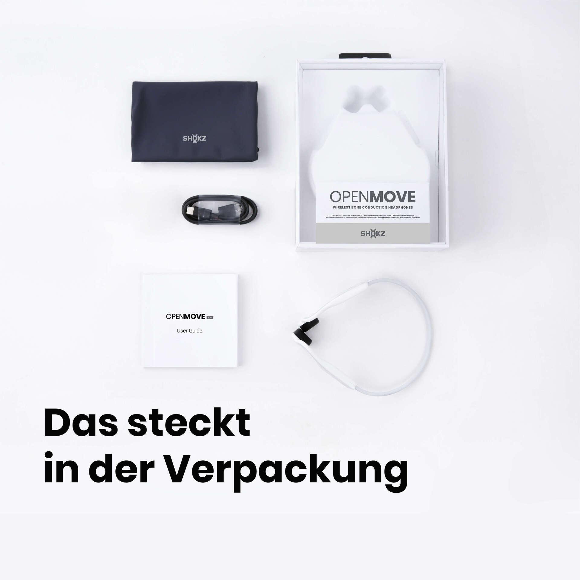OpenMove-Kopfhörer, Hülle, Ladekabel, Benutzerhandbuch und Box auf weißem Hintergrund. Text: Das steckt in der Verpackung.