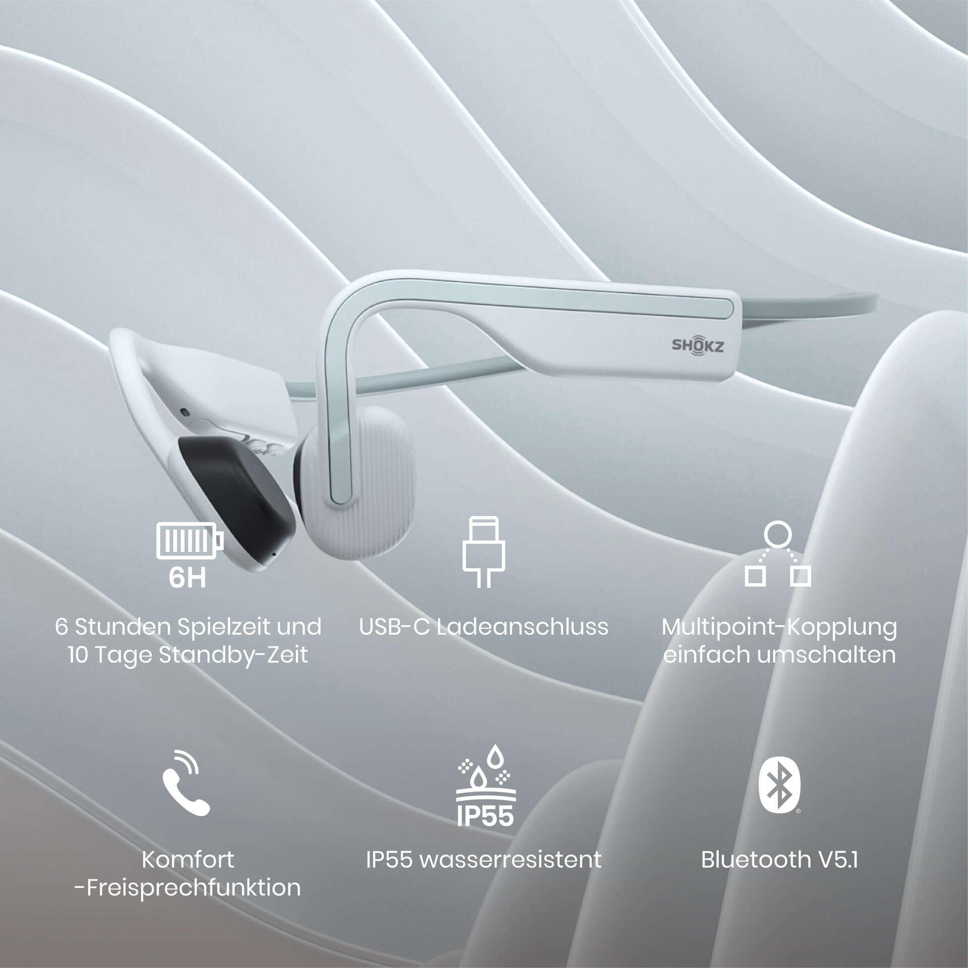 Weißer Shokz-Knochenschallkopfhörer mit Symbolen für Akku, USB, Multipoint, Komfort, Wasserbeständigkeit und Bluetooth.