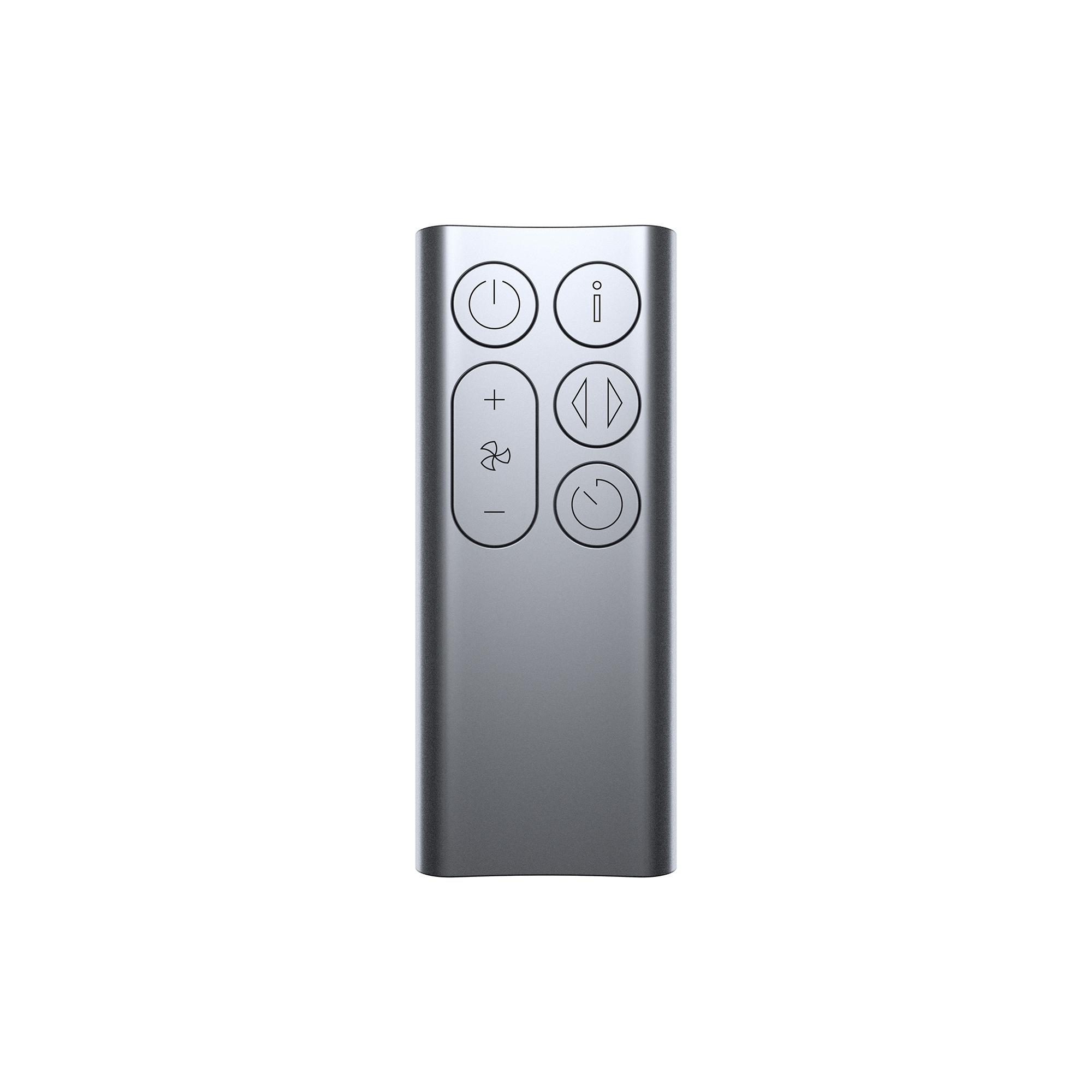 Control remoto plateado con botones. Tiene controles de encendido, información, dirección y ventilador.