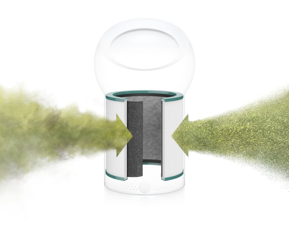 Un filtro de purificador de aire blanco con detalles verdes. Las flechas muestran el flujo de aire y las partículas.