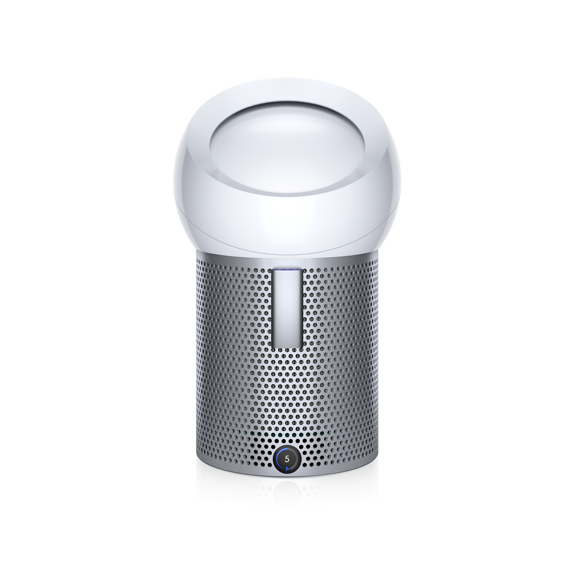 Purificador de aire Dyson blanco con malla plateada y una pantalla digital que muestra el número 5.