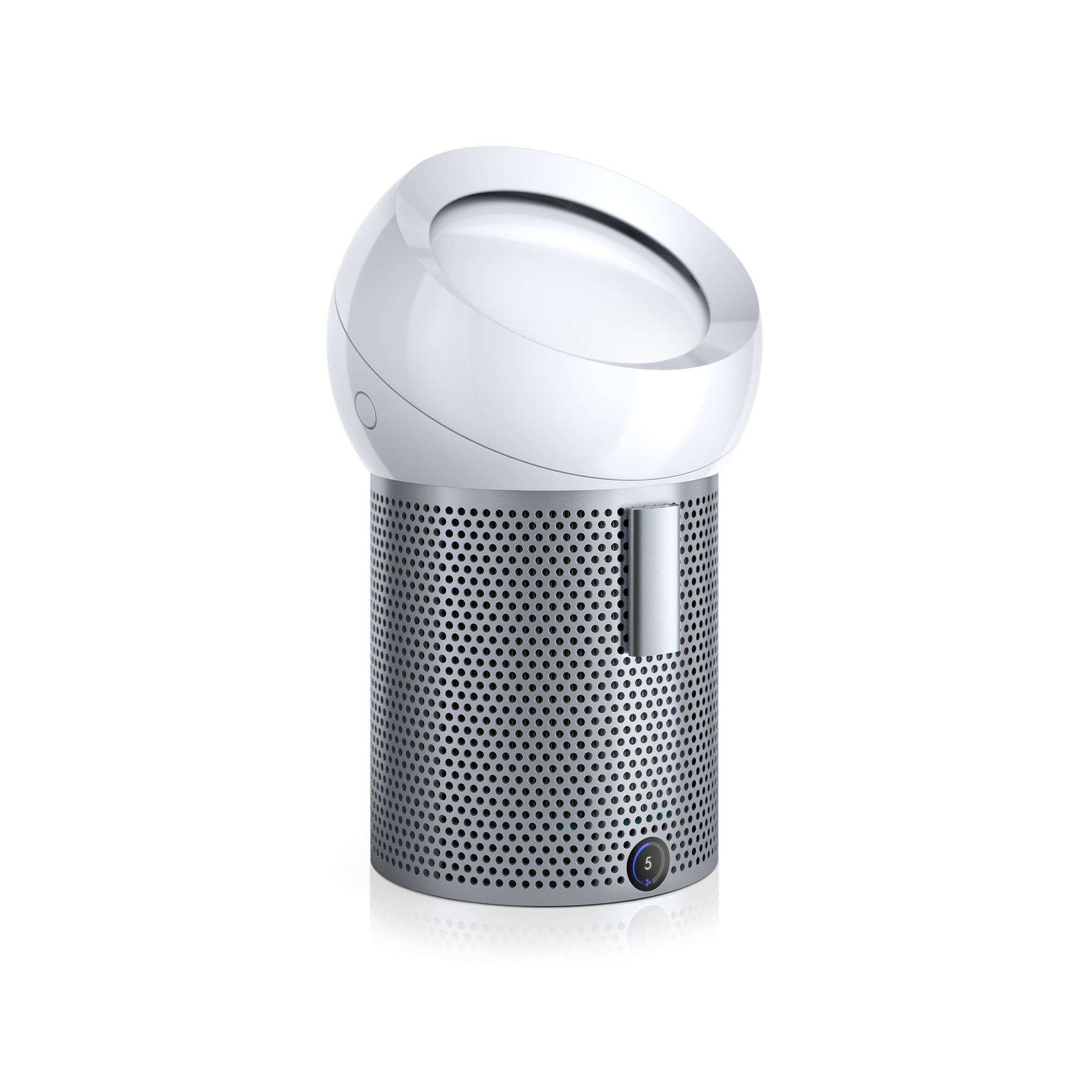 Ventilador purificador de aire Dyson blanco y gris con parte superior redonda y base plateada.
