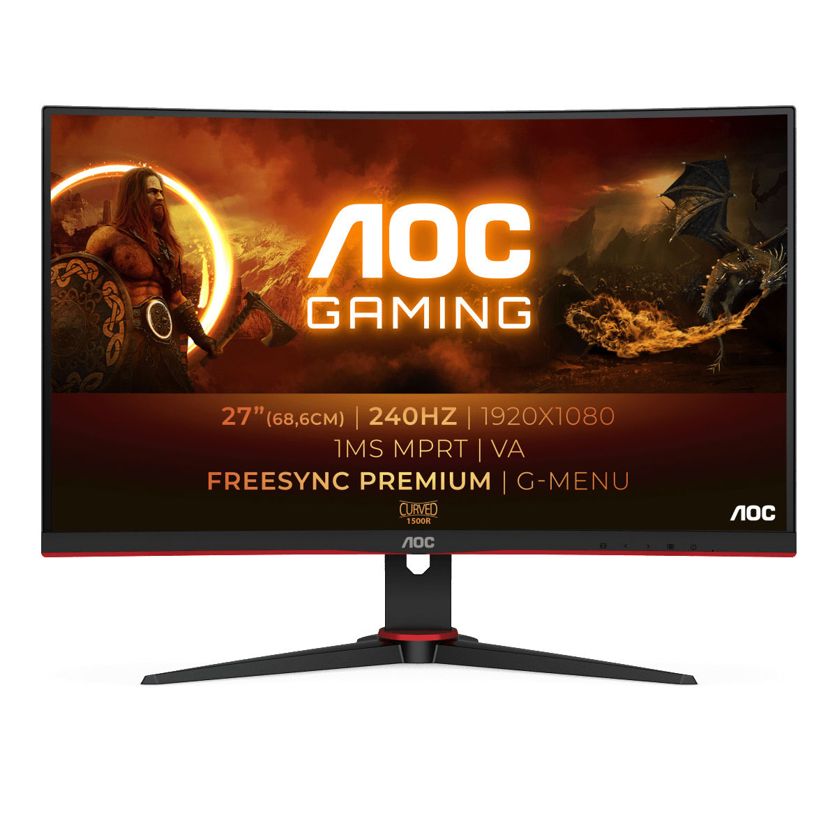AOC-Gaming-Monitor. Schwarzer Rahmen, rote Akzente. Merkmale: 27", 240 Hz, 1920x1080, Freesync Premium, G-Menü.