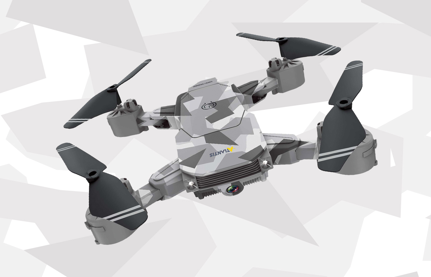 Dört pervaneli gri ve beyaz bir drone, geometrik bir arka plan üzerinde.