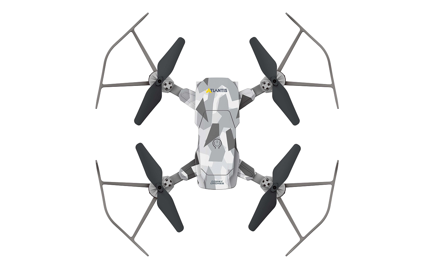 Dört siyah pervanesi ve kamuflaj üstü olan beyaz ve gri bir drone.
