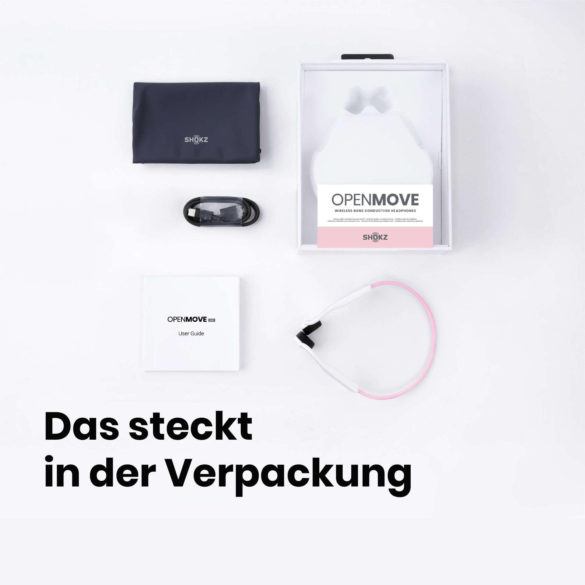 Verpackung von Kopfhörern mit Zubehör, einschließlich Beutel und Ladekabel.