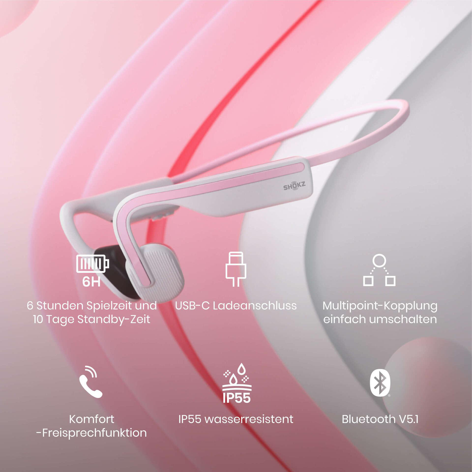 Rosa und weiße Knochenschall-Kopfhörer mit Symbolen, die Funktionen wie Akkulaufzeit und USB anzeigen.