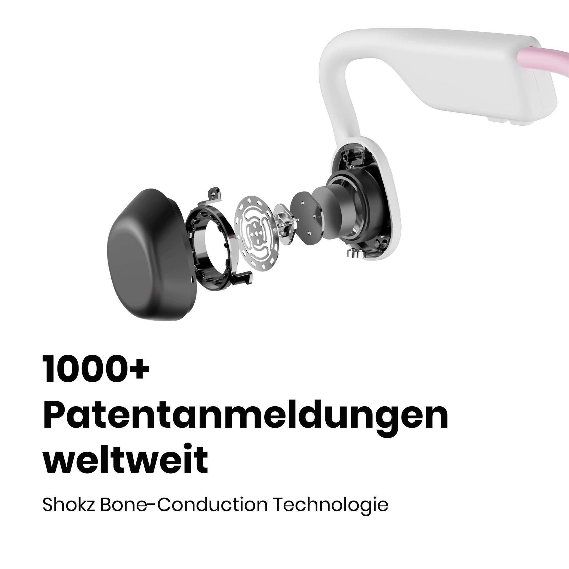Eine Explosionsansicht eines weißen und rosa Knochenleitungskopfhörers.