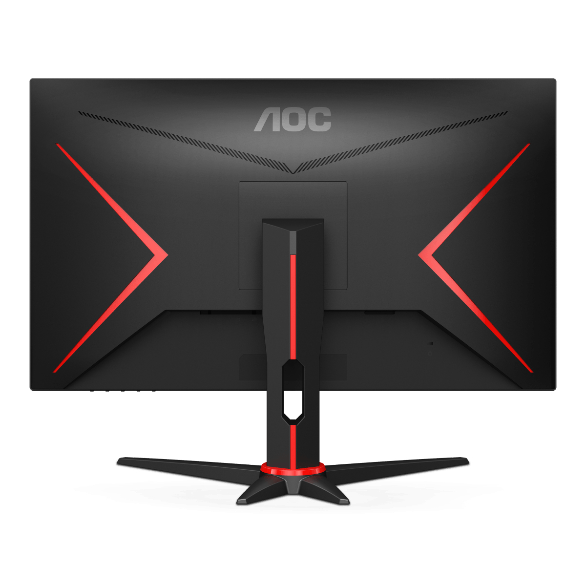 Schwarzer AOC-Monitor mit roten Akzenten auf der Rückseite, schräge Ansicht.