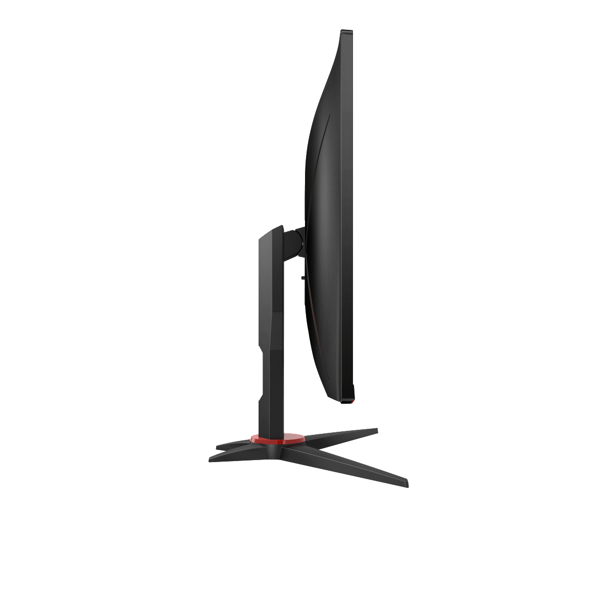 Ein schwarz-roter Computermonitor von der Seite. Der Monitor hat einen Ständer.
