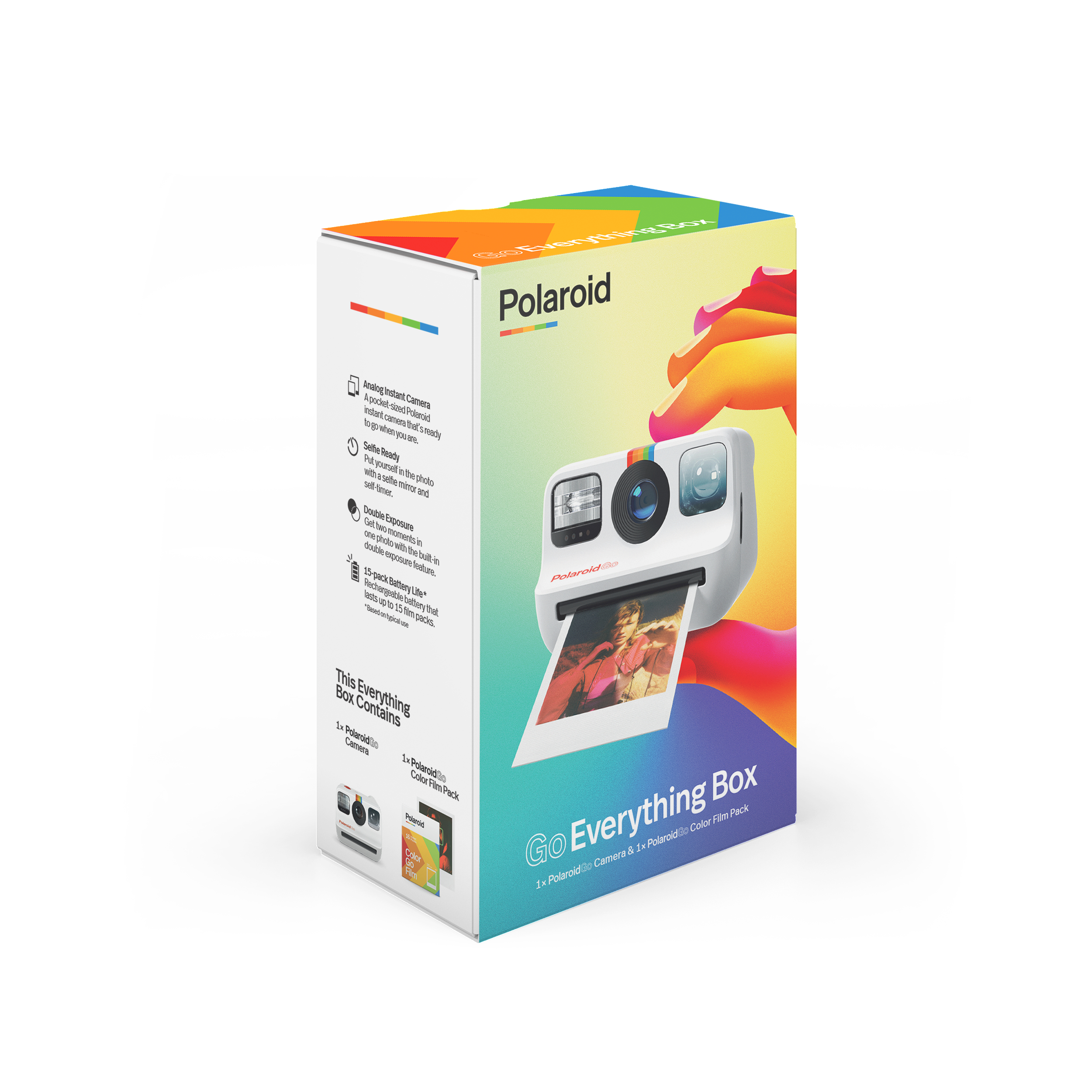 Polaroid Go Everything Box, mit einer weißen Kamera und einer Farbfilmpackung.