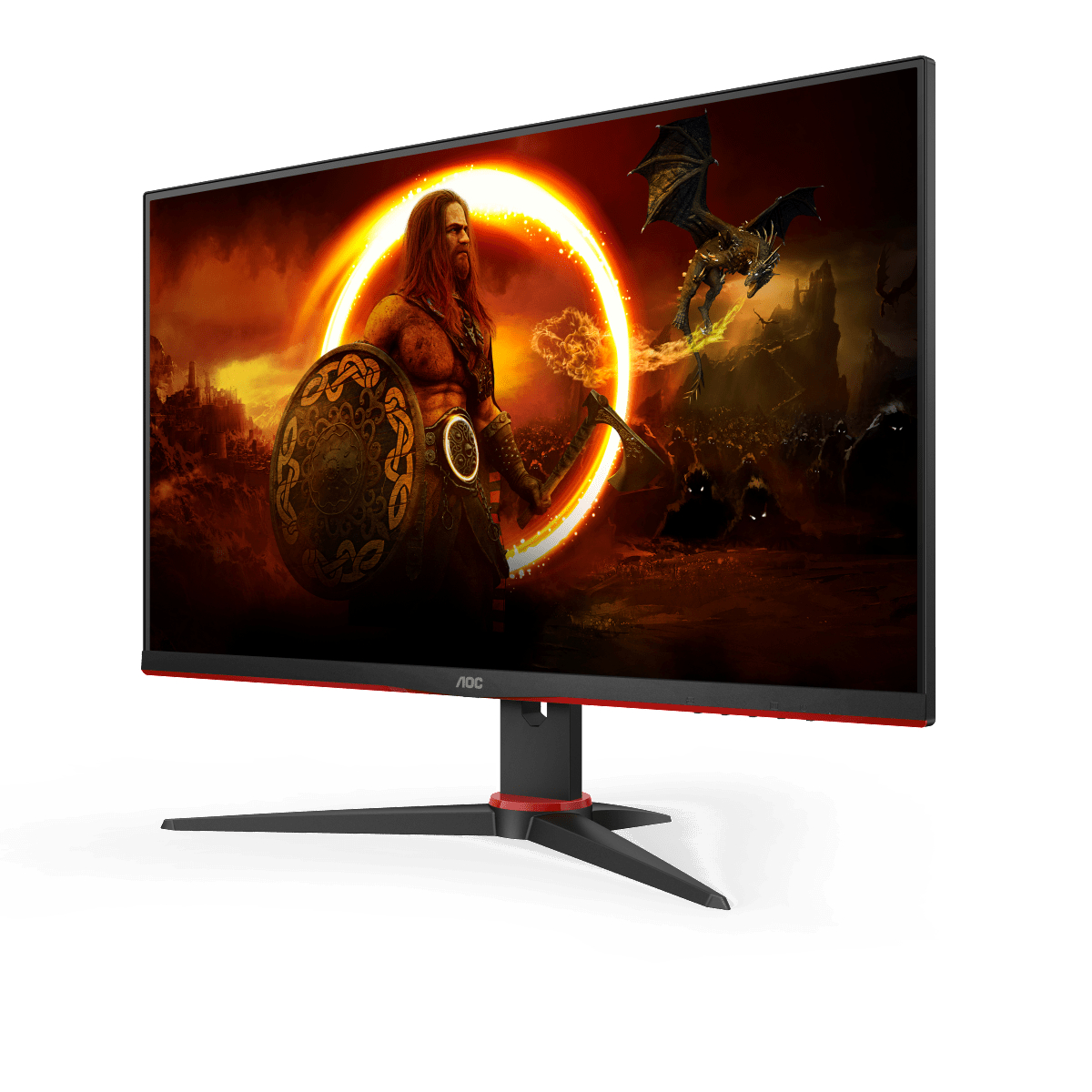 AOC-Monitor mit einer Spielszene. Ein Krieger und Drachen sind auf dem Bildschirm sichtbar.
