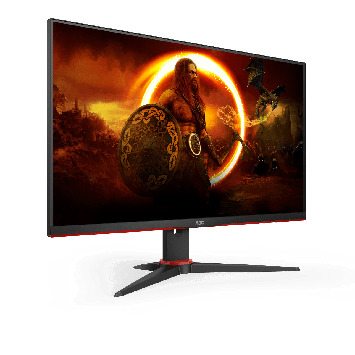 Gaming-Monitor zeigt eine Fantasy-Szene. Ein Krieger mit Schild steht Feuer gegenüber. Der Monitor hat rote Akzente.