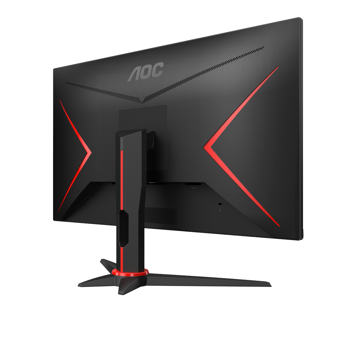 Die Rückseite eines schwarzen Monitors mit roten Akzenten und einem Ständer auf weißem Hintergrund.