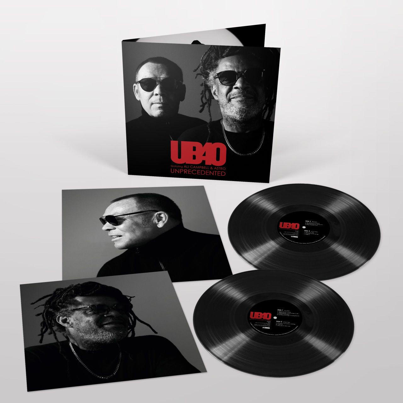 Pochette d'album UB40 et disques vinyles. Deux hommes avec des lunettes de soleil et une pochette rouge.