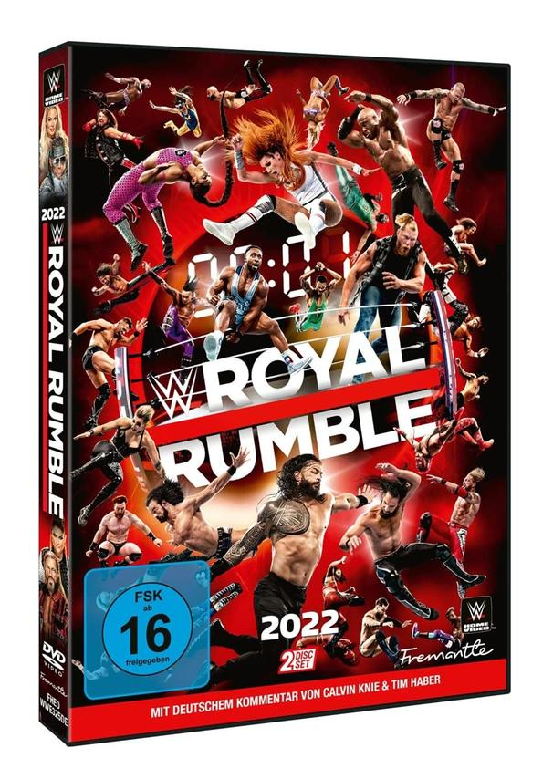 Ein DVD-Cover mit Wrestling-Figuren. Es ist ein roter Hintergrund mit Logo und dem Text 'Royal Rumble'.
