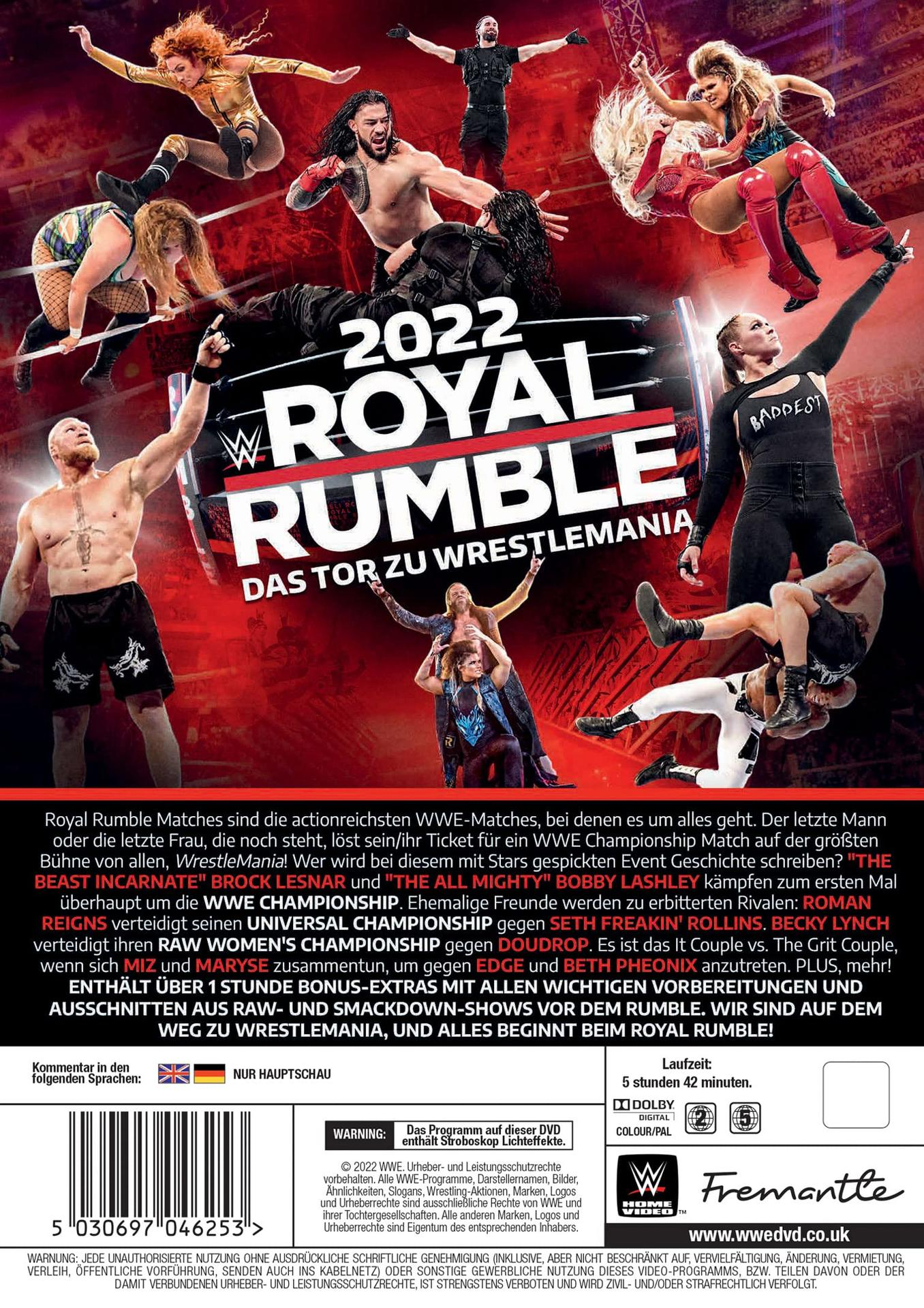 Rückseite der DVD "2022 WWE Royal Rumble" mit Wrestlern und Veranstaltungsdetails.