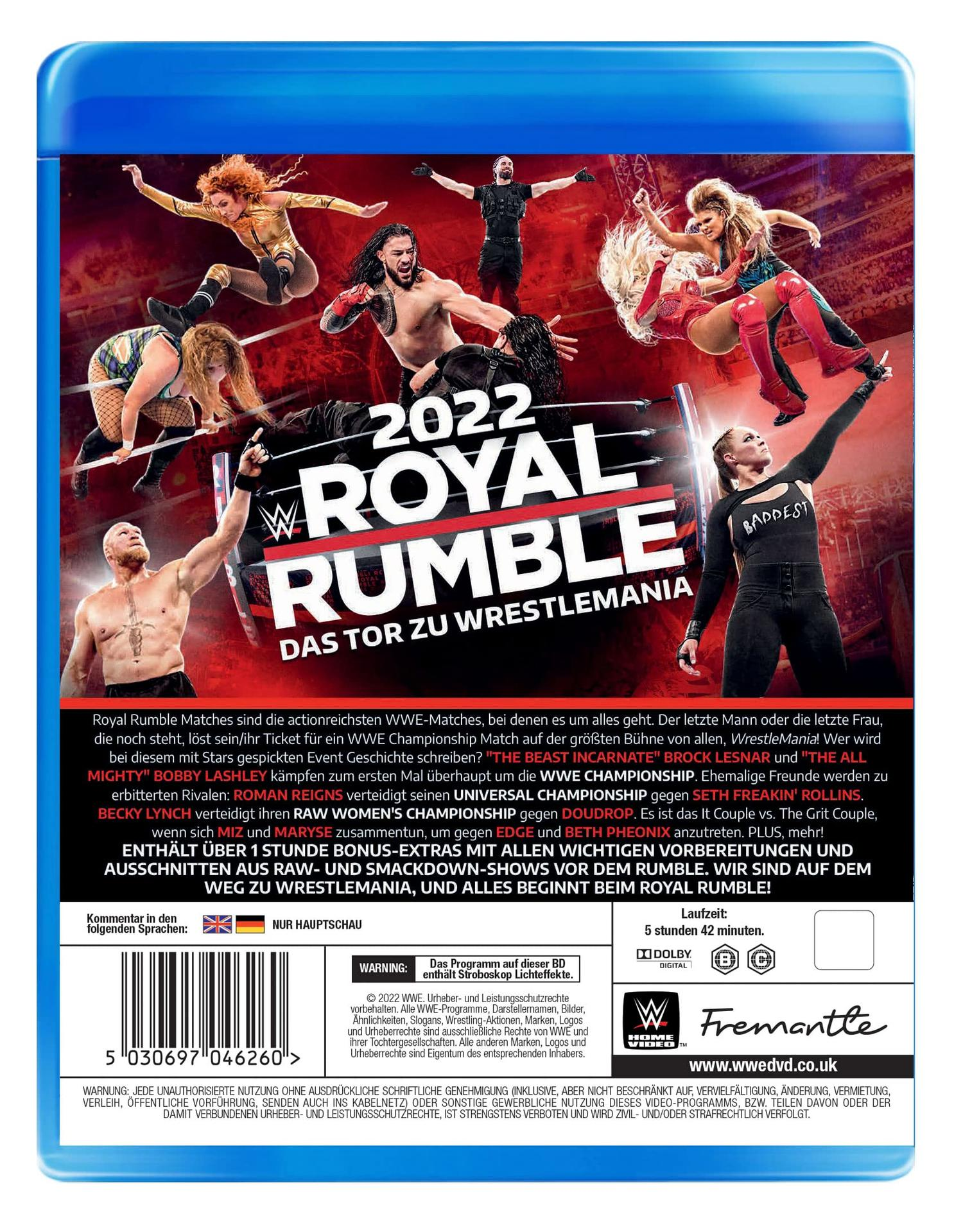 DVD-Cover von 2022 Royal Rumble mit Wrestlern, Logos und Text.