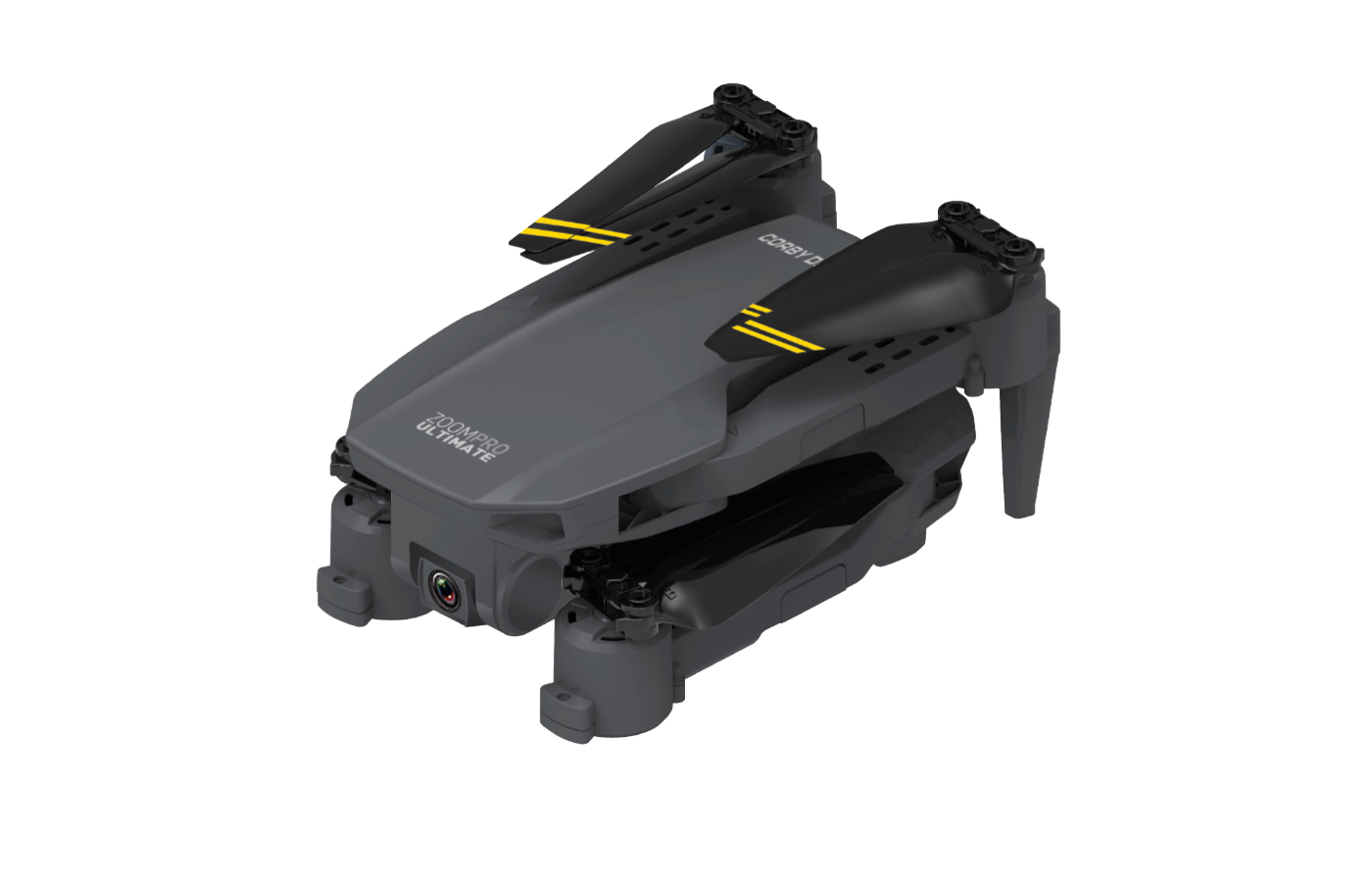 Beyaz arka plan üzerinde siyah pervaneli gri bir drone. Drone katlanmış durumda.