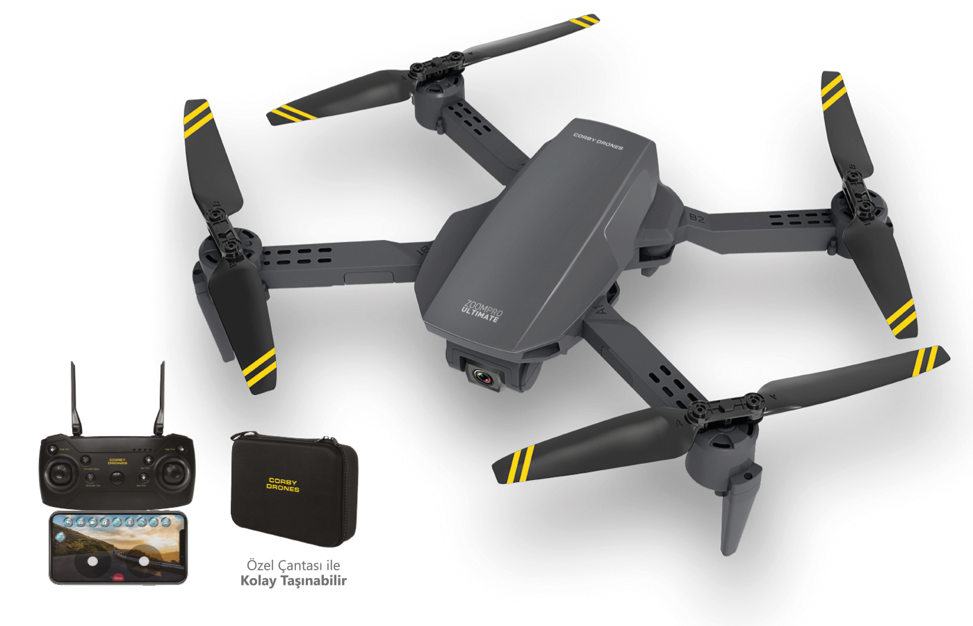 Dört siyah pervaneli, bir uzaktan kumandalı ve taşıma çantalı gri bir drone.