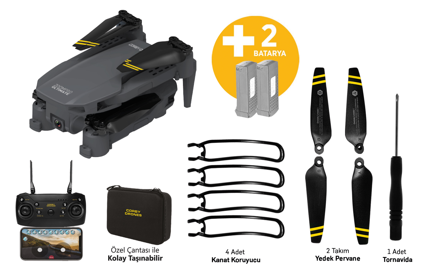 Drone, kumanda, piller, pervaneler, tornavida ve taşıma çantası ile bir drone kiti.