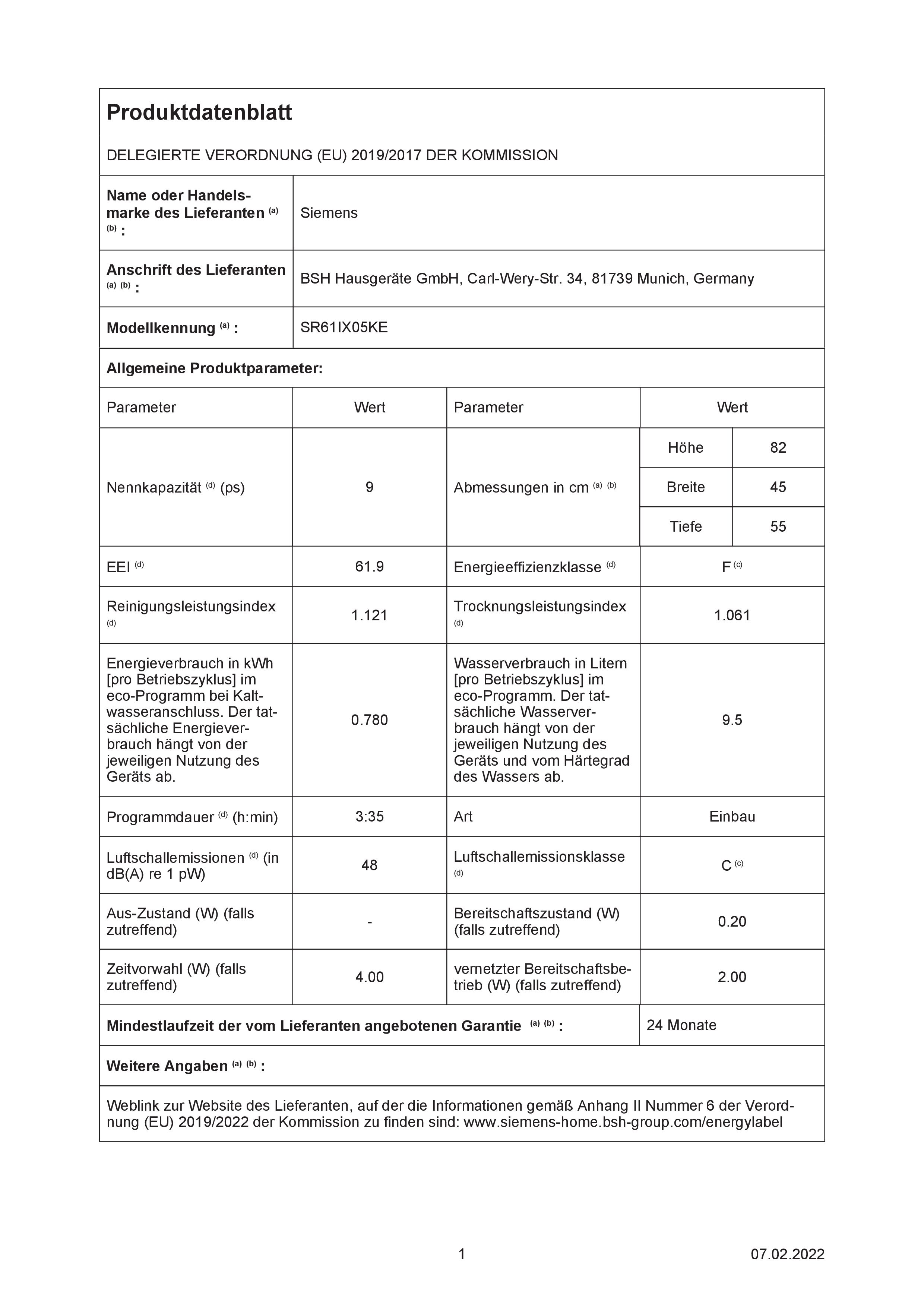 Ein Produktdatenblatt auf Deutsch. Siemens ist die Marke, und das Dokument enthält technische Details.