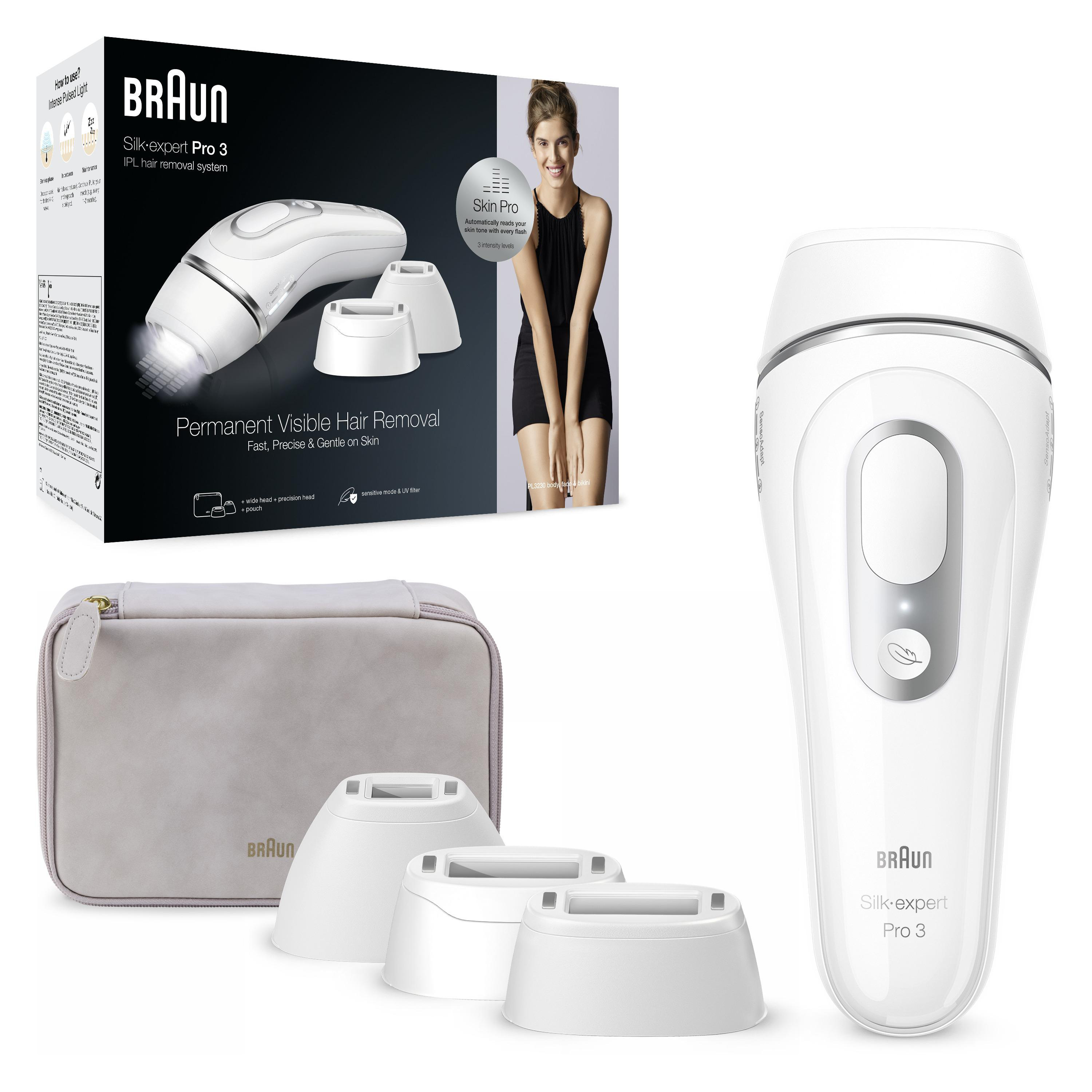 BRAUN Silk-Expert Pro 3 PL3230 IPL-Haarentfernungsgerät 3-Aufsätze IPL-Haarentfernungsgerät (Weiß, Silber, mit , Netzbetrieb)