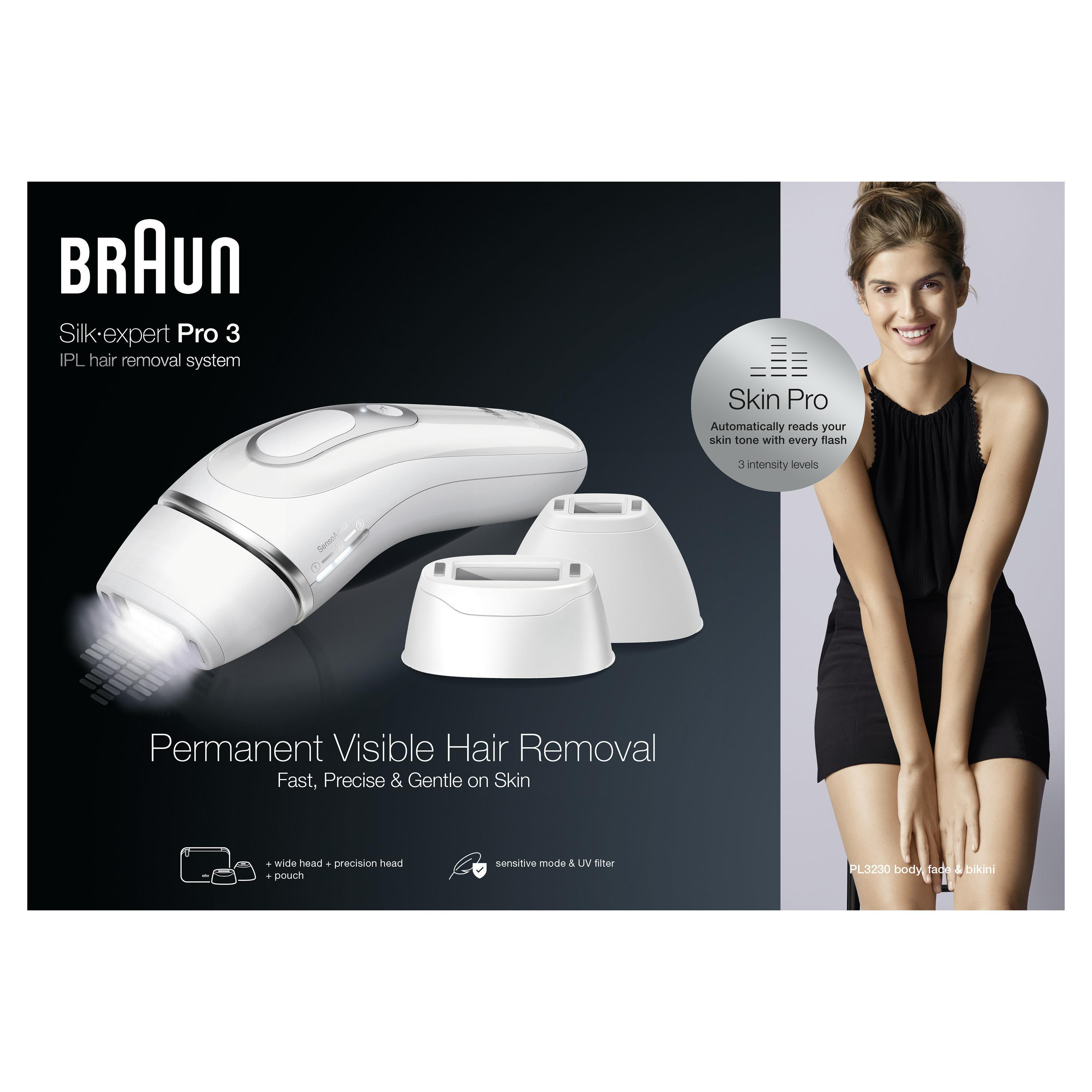 BRAUN Silk-Expert Pro 3 PL3230 IPL-Haarentfernungsgerät 3-Aufsätze IPL-Haarentfernungsgerät (Weiß, Silber, mit , Netzbetrieb)