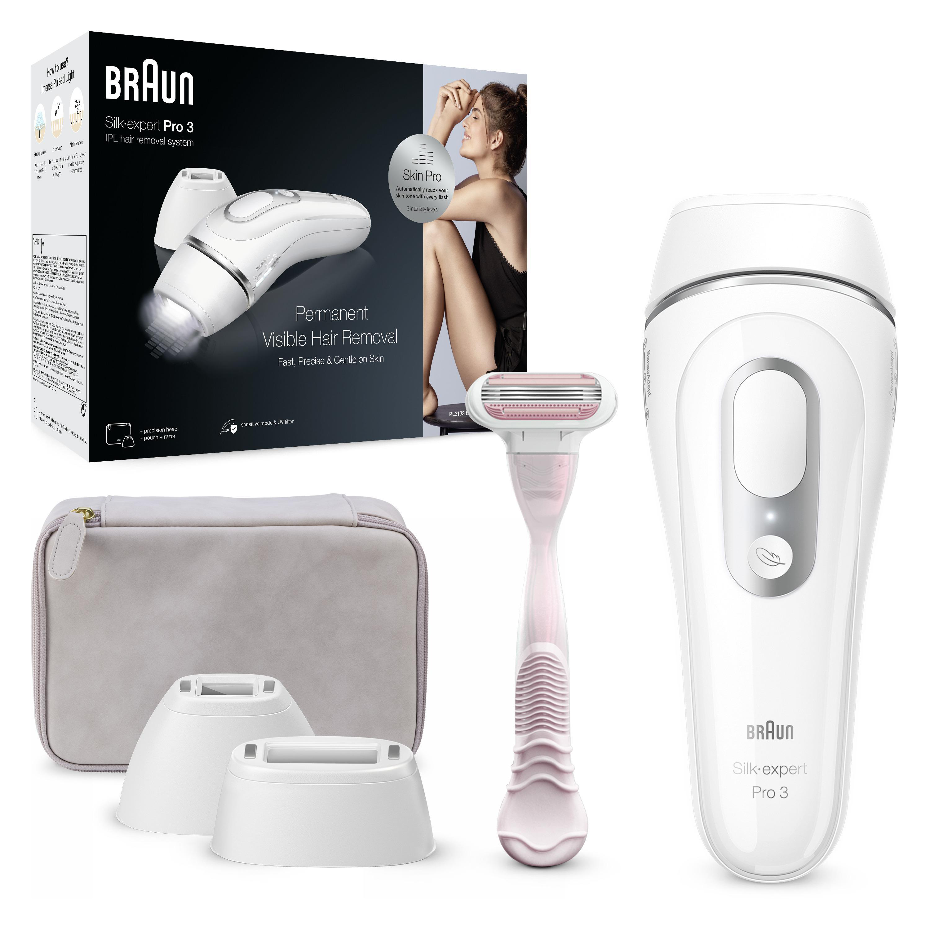 BRAUN Silk-Expert Pro 3 PL3133 IPL-Haarentfernungsgerät (Weiß / Silber, mit 2 Aufätze, Netzbetrieb)