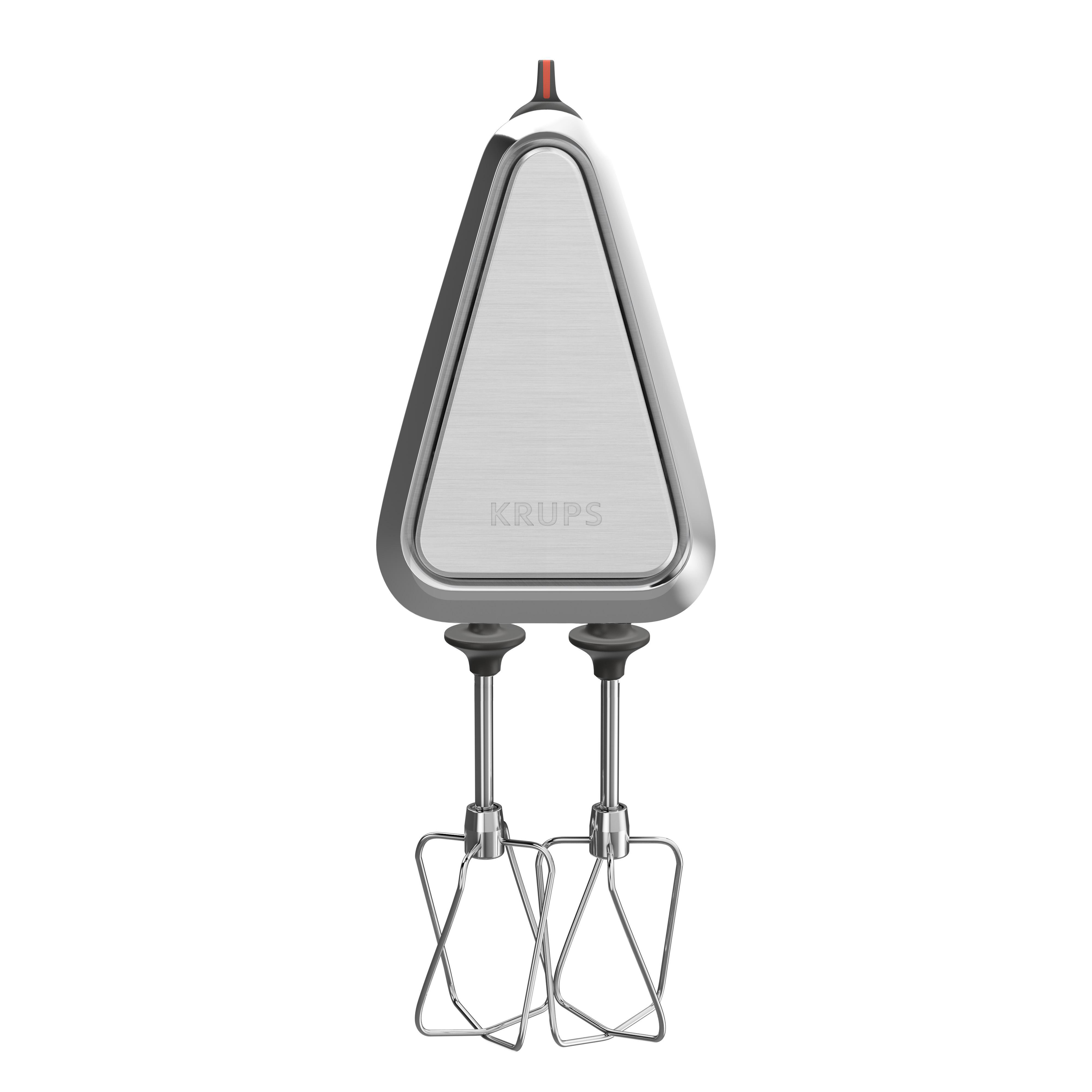 Ein silberner KRUPS Handmixer mit zwei Schneebesen, isoliert auf Weiß.