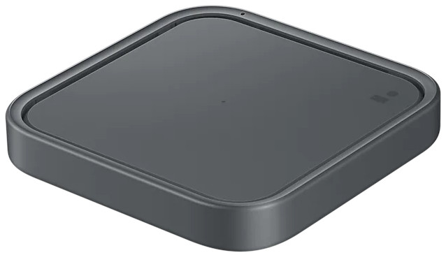 A dark gray square wireless charging pad on a white background.