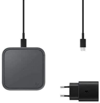 A black square wireless charger with a cable and a power adapter.
