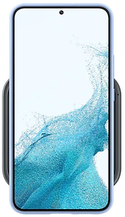 A blue phone case with a phone on a black wireless charger.