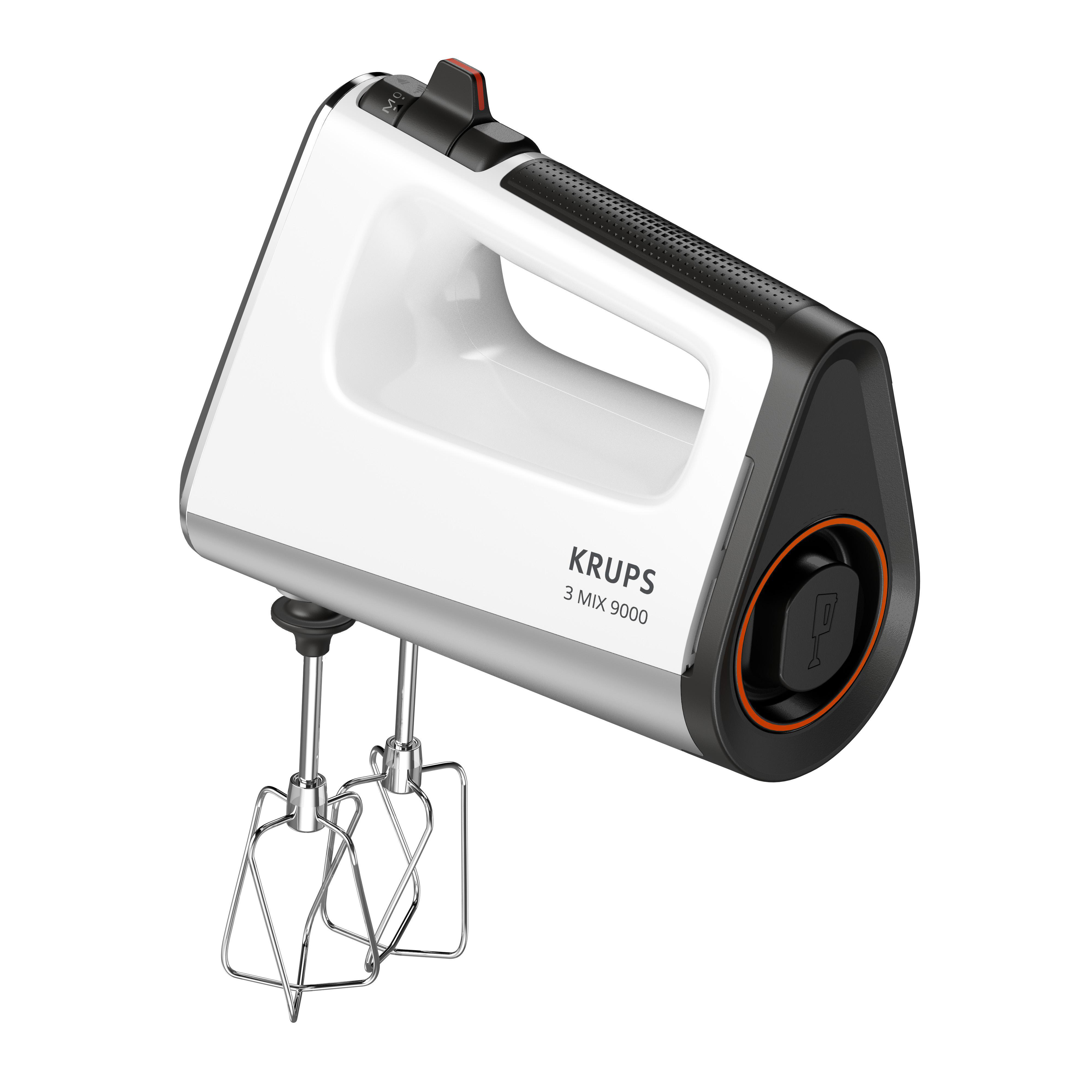 Weißer und silberner Handmixer. Markenname KRUPS. Schwarze Akzente. Zwei Rührbesen angebracht.