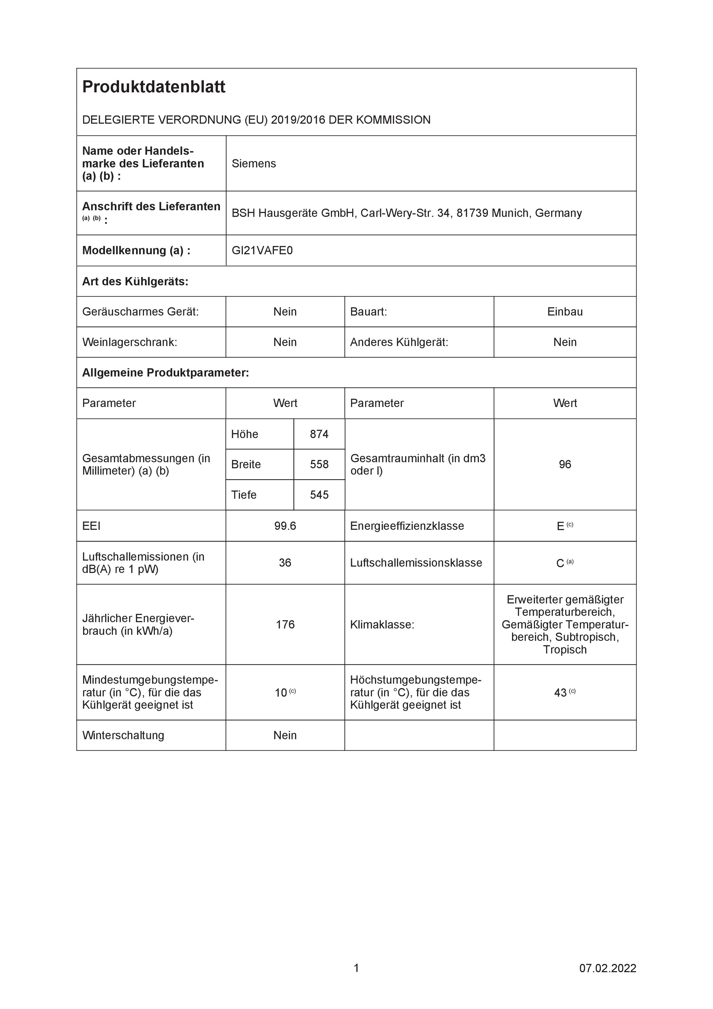 Dokument mit Produktdatenblatt, Siemens, mit technischen Spezifikationen und Parametern.