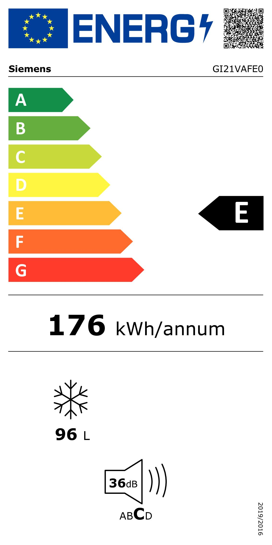Energielabel für einen Siemens-Kühlschrank, das die Energieeffizienz und andere Daten angibt.
